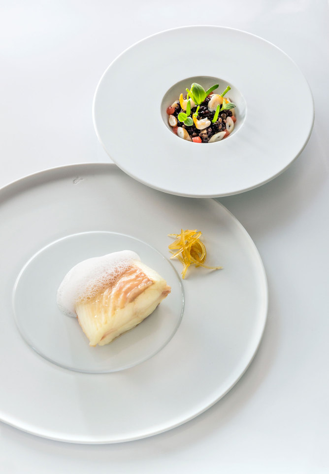Fisch mit Schaum und Salat auf weißen Tellern angerichtet. Fürstenberg Porzellan.