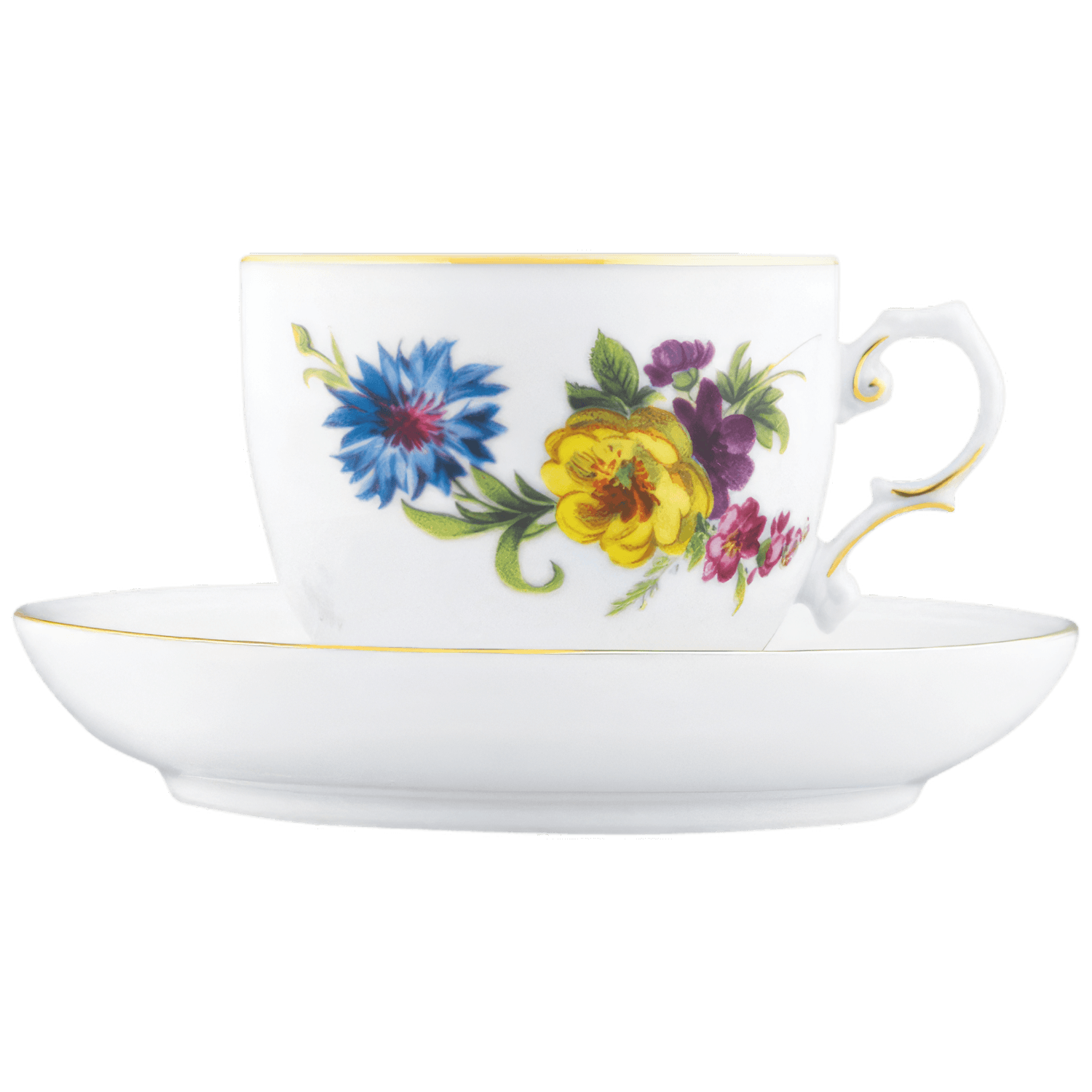 Weiße Porzellantasse mit floralen Verzierungen, goldener Rand, auf passender Untertasse. Fürstenberg Porzellan.