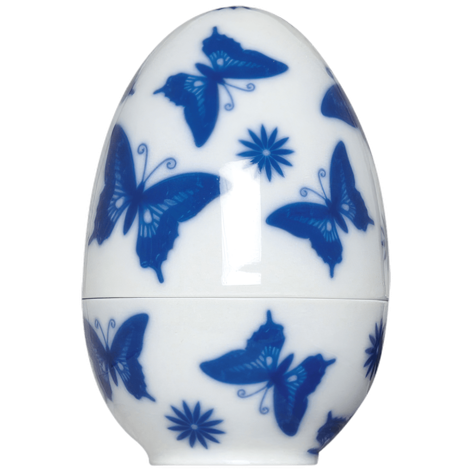Porzellanei verziert mit blauen Schmetterlingen und Blumen ohne Text. Fürstenberg Porzellan.