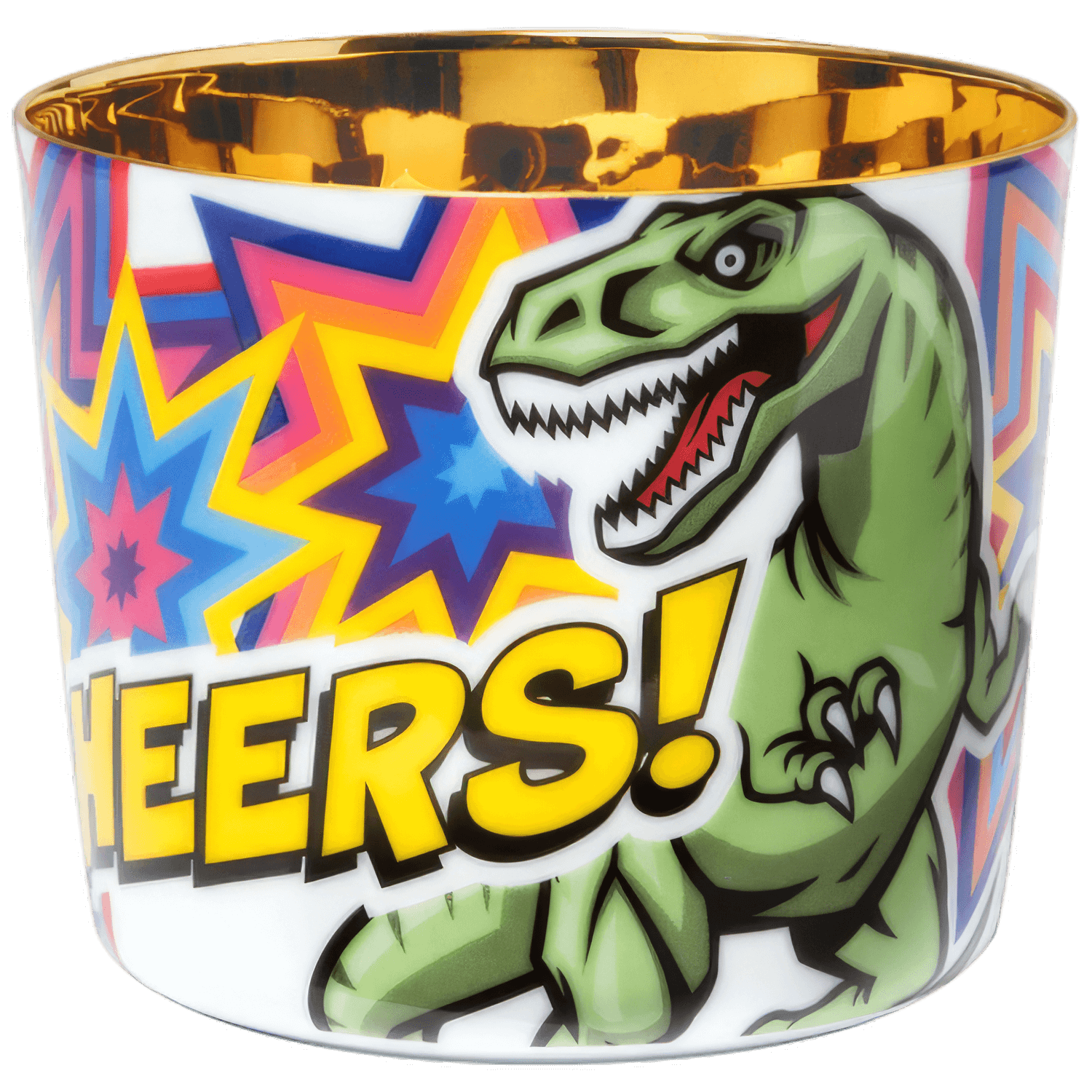 Weiße Porzellantasse mit Dinosaurier-Motiv, farbenfrohe Sterne, Schriftzug „CHEERS!”. Fürstenberg Porzellan.