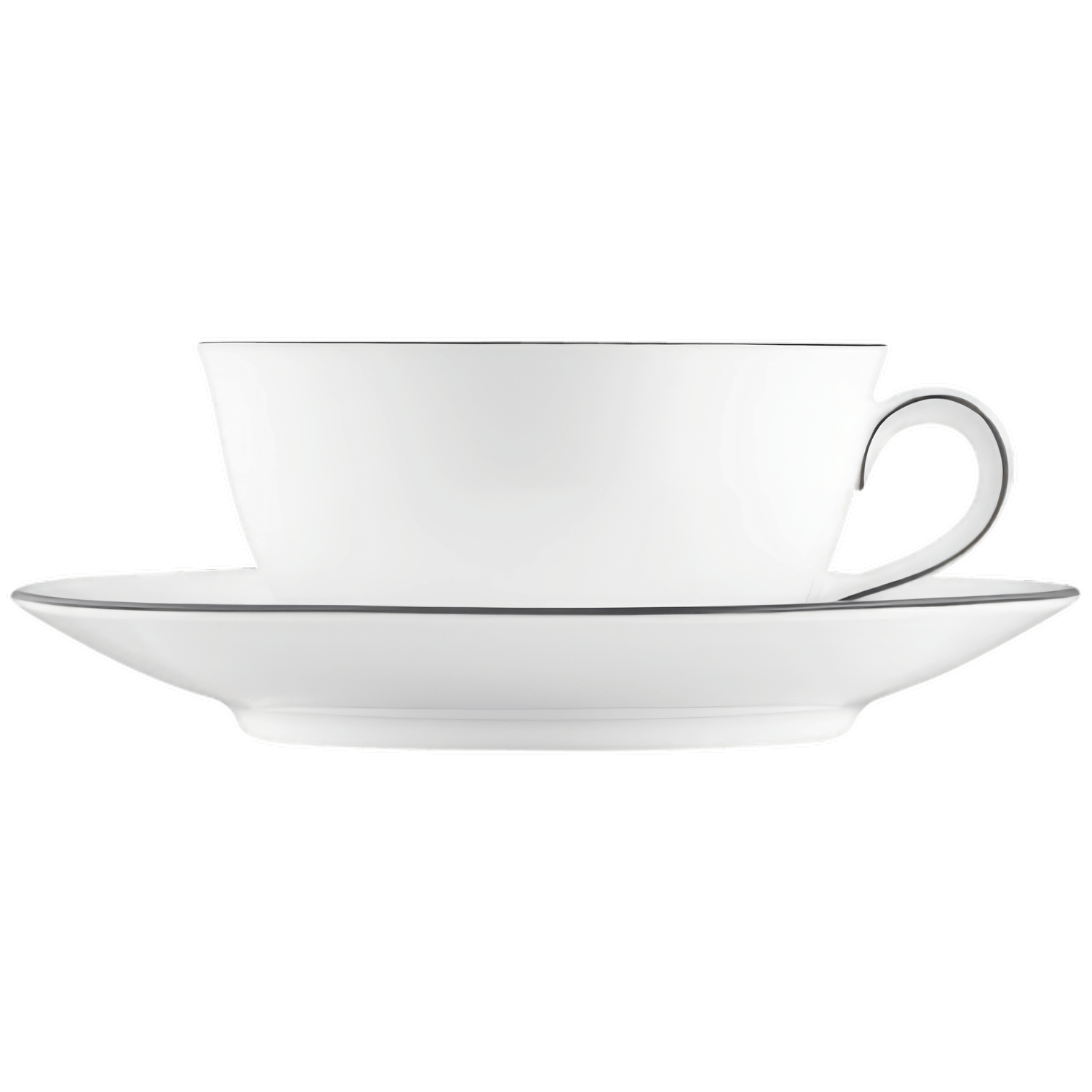 Weiße Teetasse mit Untertasse auf schwarzem Hintergrund, elegant platziert. Fürstenberg Porzellan.