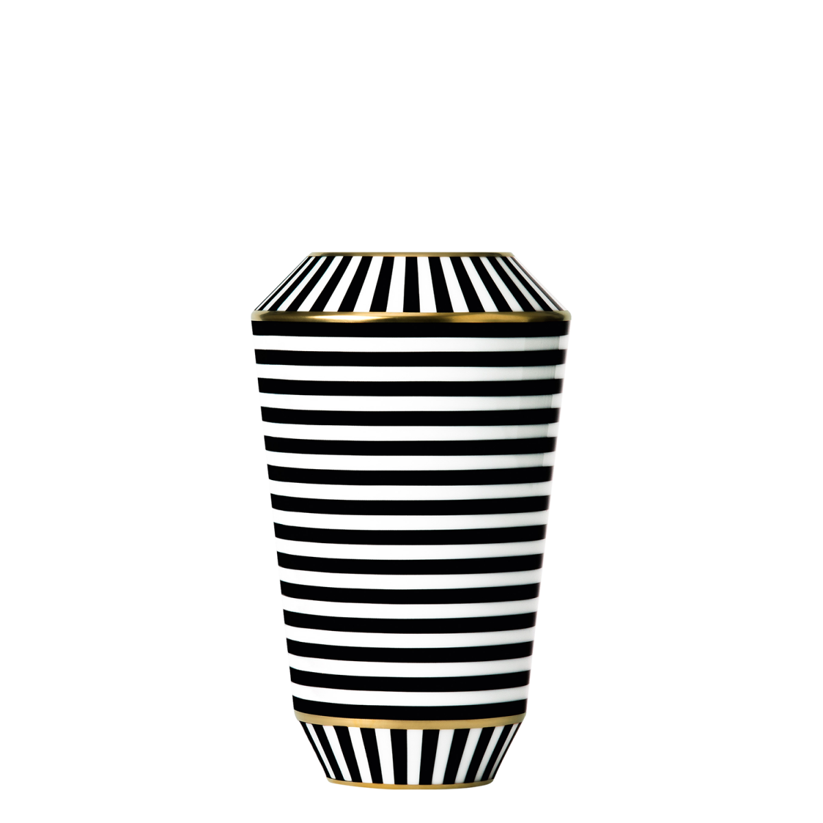 Porzellanvase mit schwarzen, weißen Querstreifen und goldenen Rändern. Fürstenberg Porzellan.