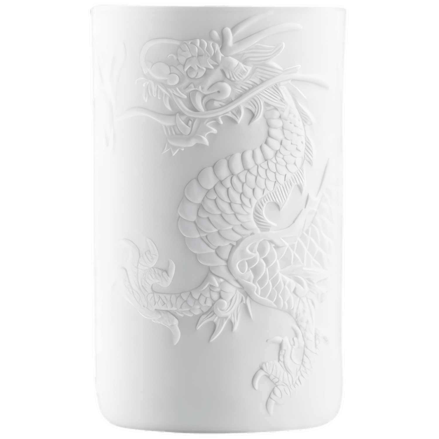 Weiße Porzellanvase mit eingraviertem Drachenmotiv, stehend. Fürstenberg Porzellan.