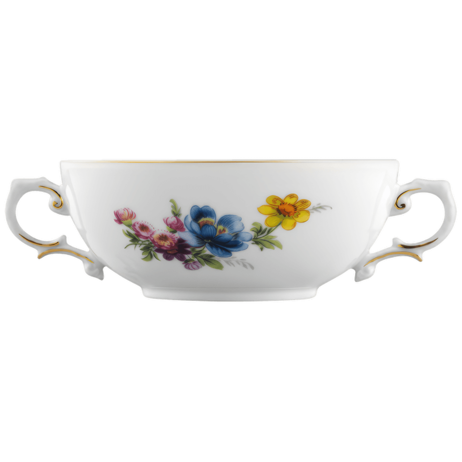 Weiße Porzellantasse mit buntem Blumenmotiv, geschwungenen Henkeln und goldener Kante. Fürstenberg Porzellan.
