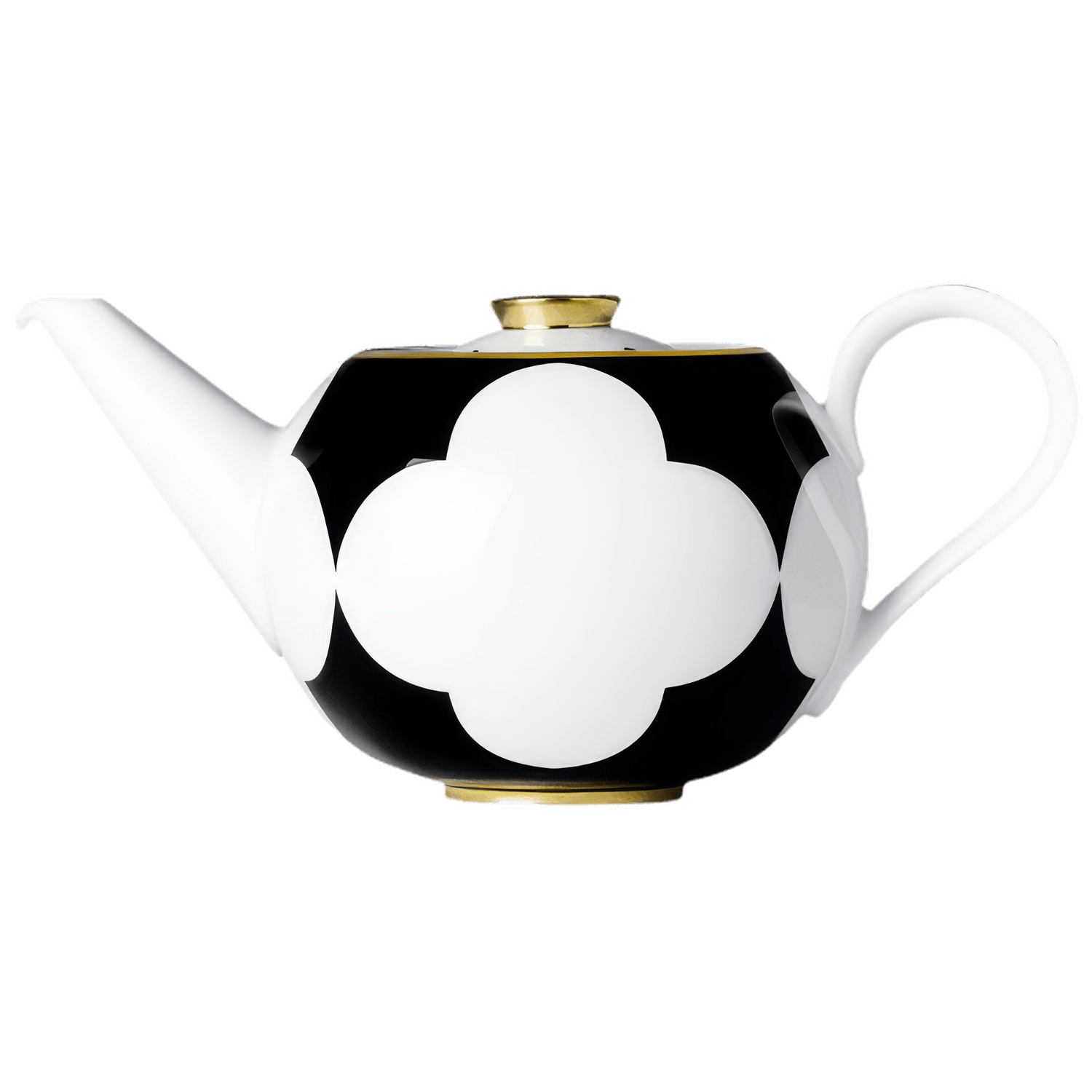 Schwarze Teekanne mit weißen Kleeblatt-Motiven und goldener Verzierung. Fürstenberg Porzellan.