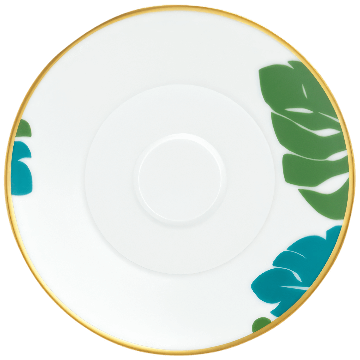 Weiße Untertasse, goldener Rand, grünes und blaues Blattmuster, tropisches Design. Fürstenberg Porzellan.