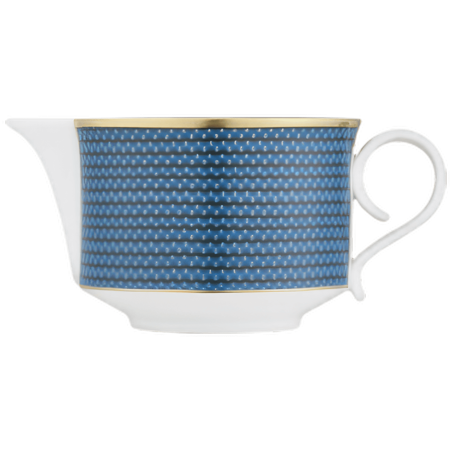 Weiß-blaue Porzellan-Milchkanne mit goldener Kante, auf weißem Hintergrund. Fürstenberg Porzellan.