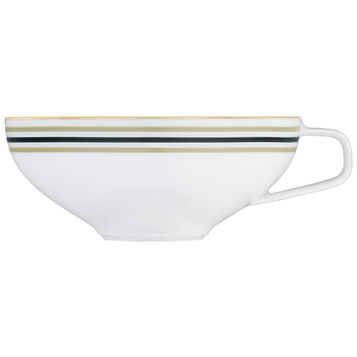 Weiße Teetasse mit gelben und blauen Streifen am Rand. Fürstenberg Porzellan.