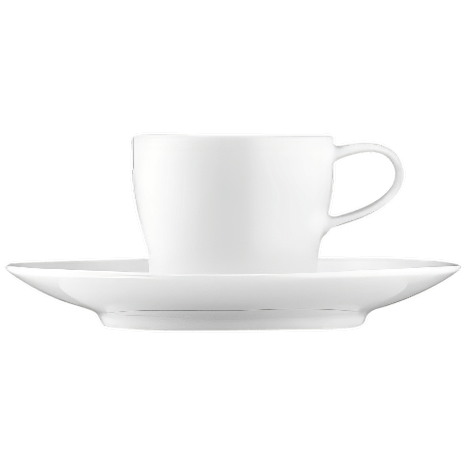 Weiße Espressotasse mit Untertasse, aufgestellt vor schwarzem Hintergrund. Fürstenberg Porzellan.