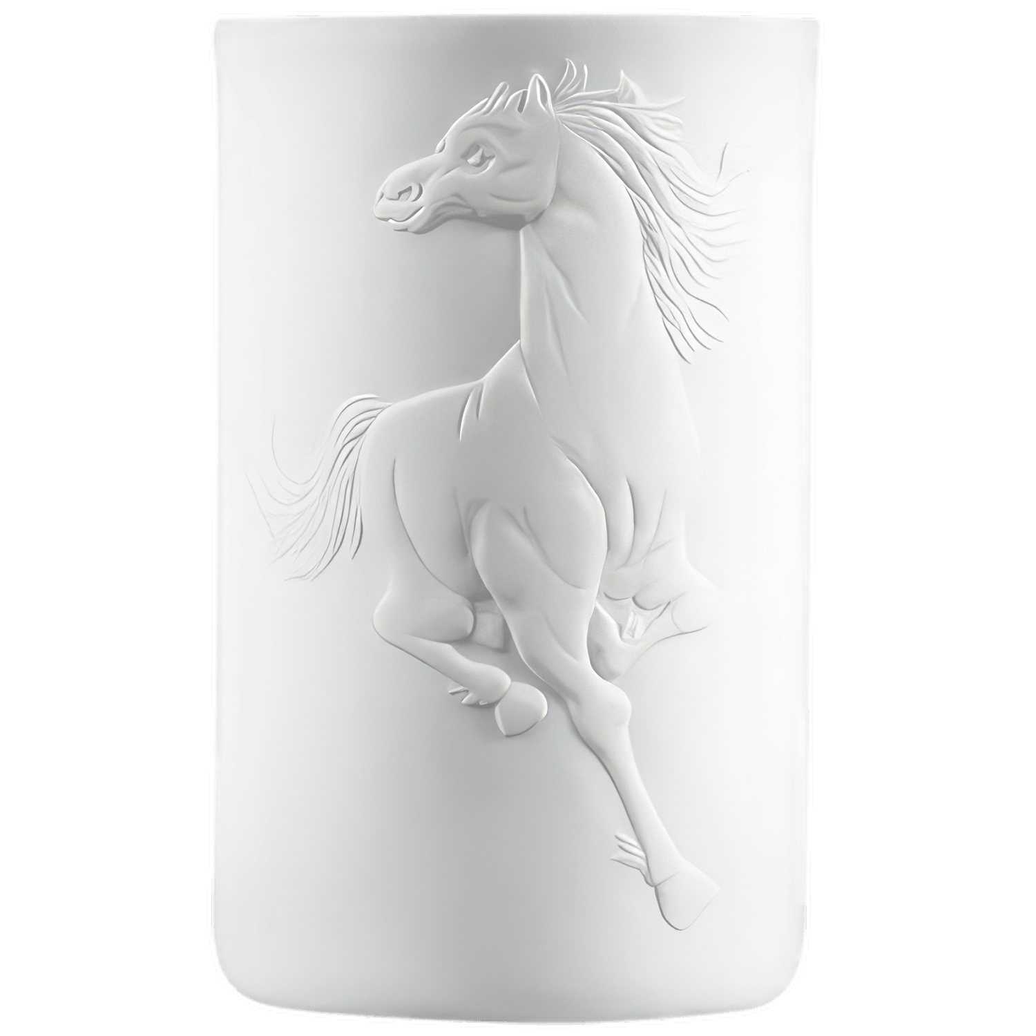 Weiße Porzellanvase mit erhabenem, galoppierendem Pferdemotiv, schlichtem Design. Fürstenberg Porzellan.