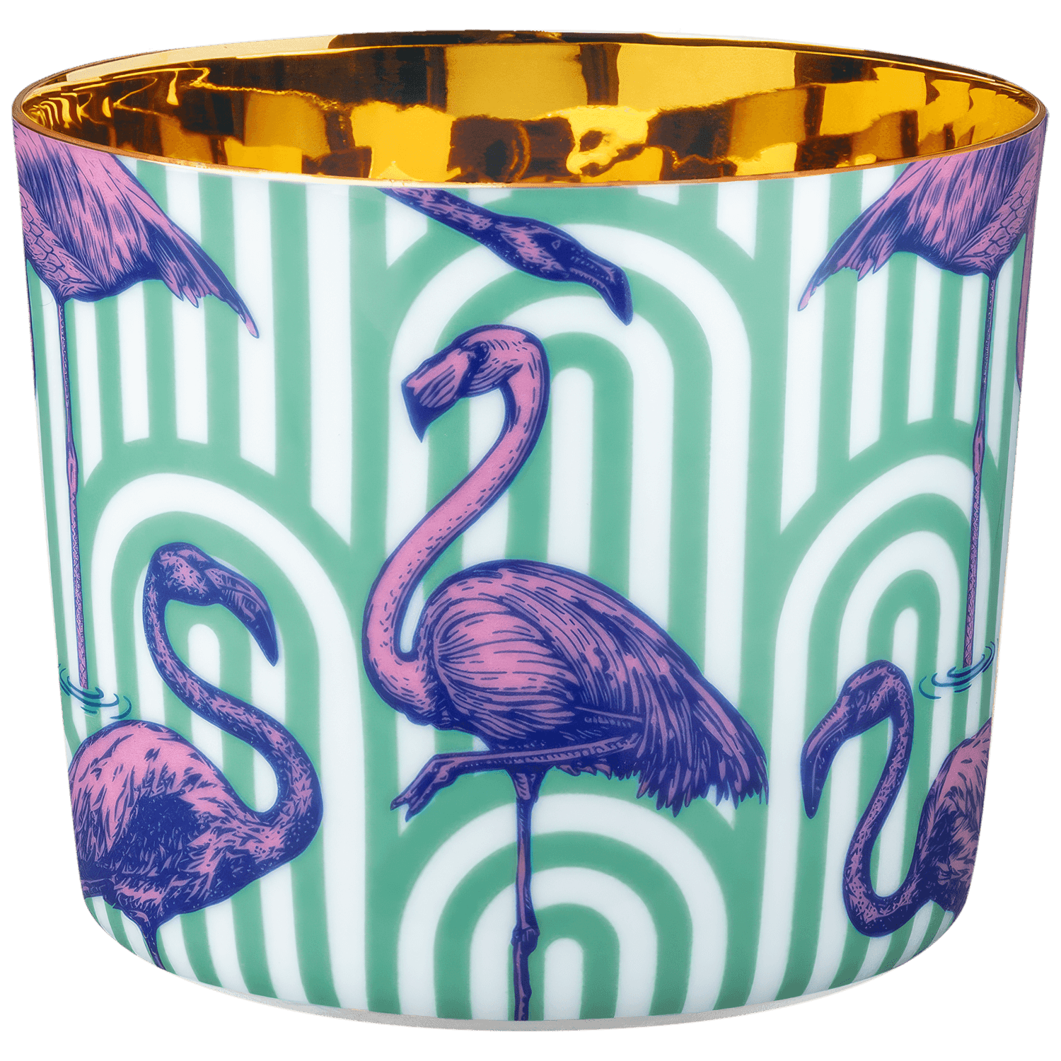 Becher zeigt lila Flamingos auf grünem Muster, Innenfläche in Goldoptik. Fürstenberg Porzellan.