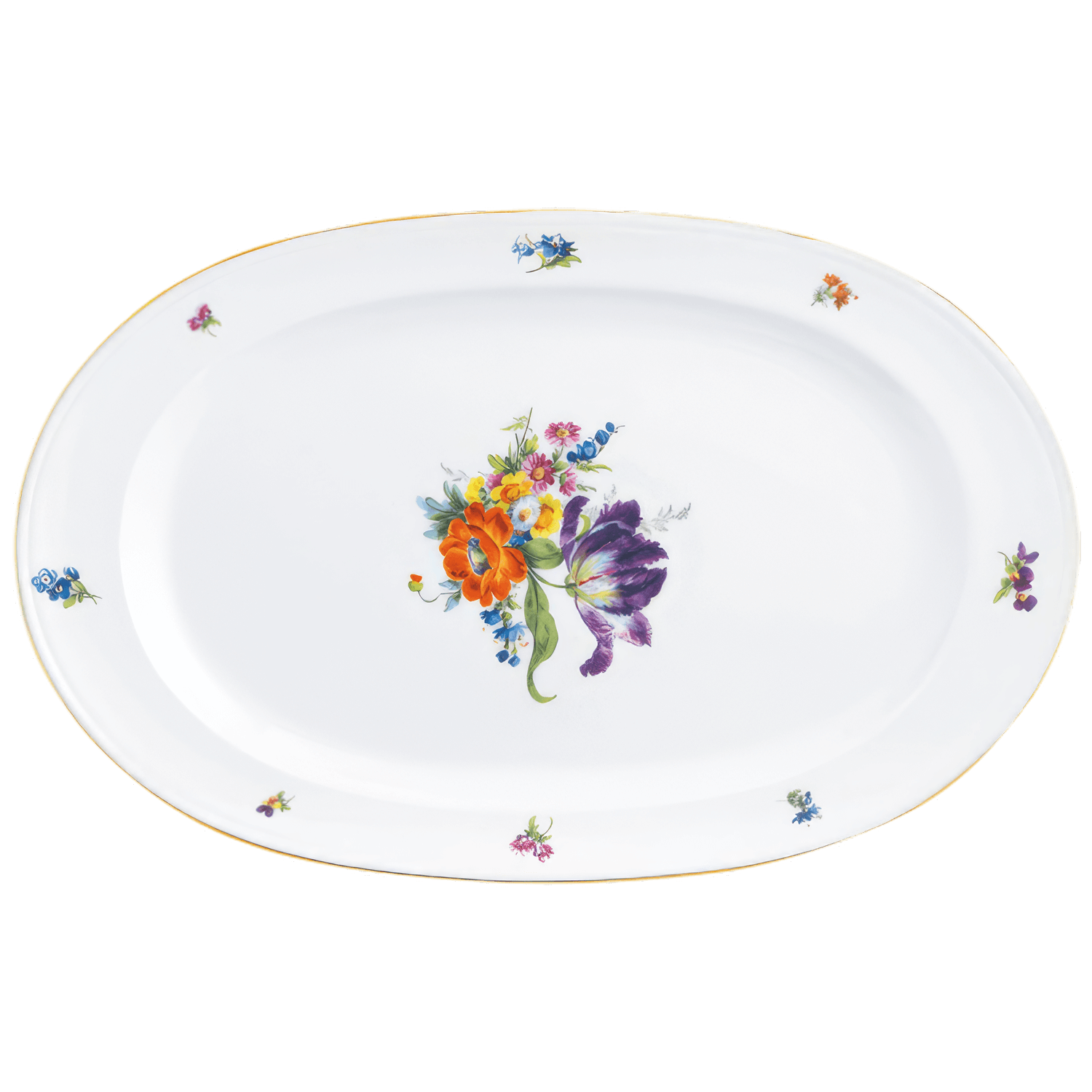Ovaler Porzellanteller mit Blumenmotiv in der Mitte und kleinerem Randmuster. Fürstenberg Porzellan.