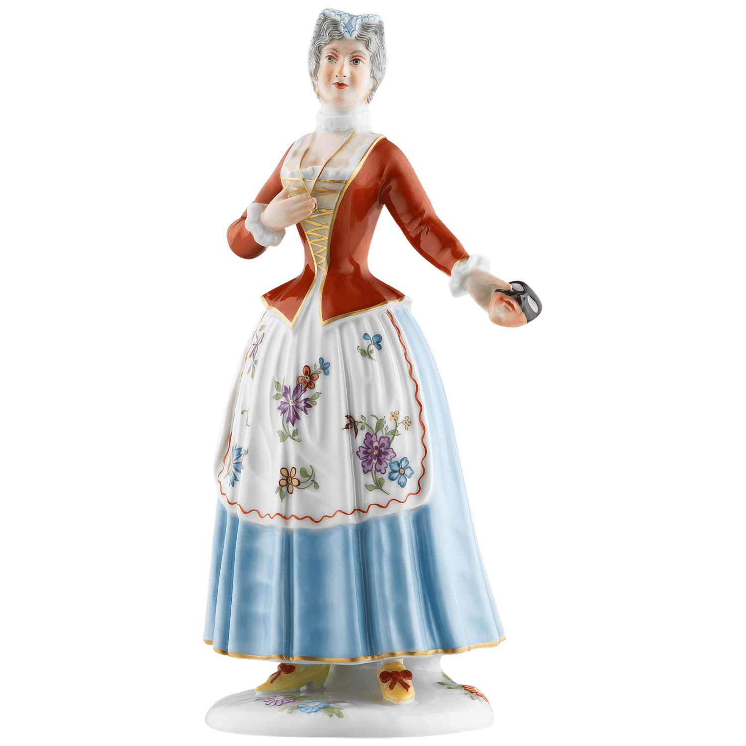 Porzellanfigur einer Frau, steht elegant, trägt colonial-möbel-inspiriertes buntes Kleid. Fürstenberg Porzellan.