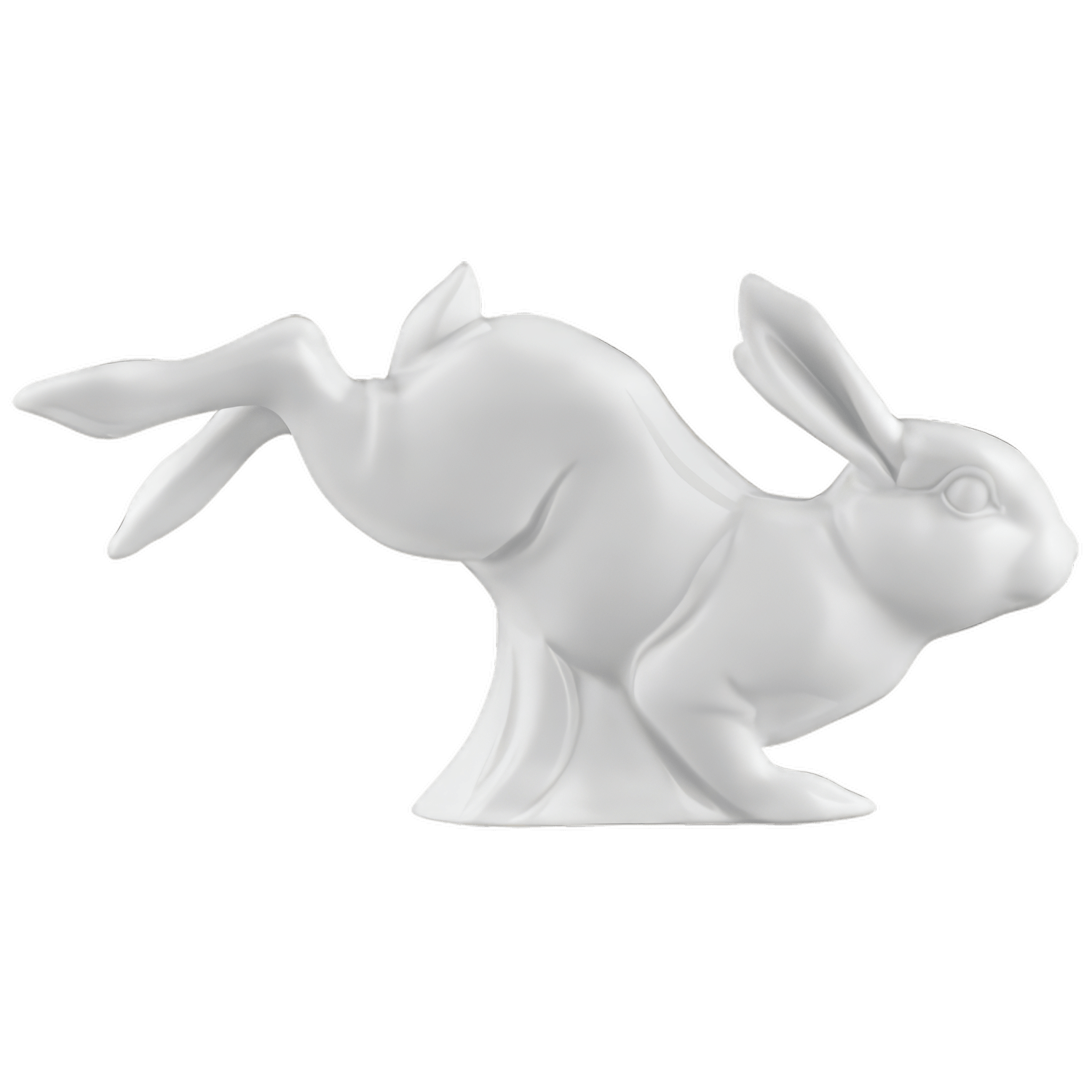 Weiße Porzellan-Hase-Skulptur, springend nach rechts, auf leerem Hintergrund. Fürstenberg Porzellan.