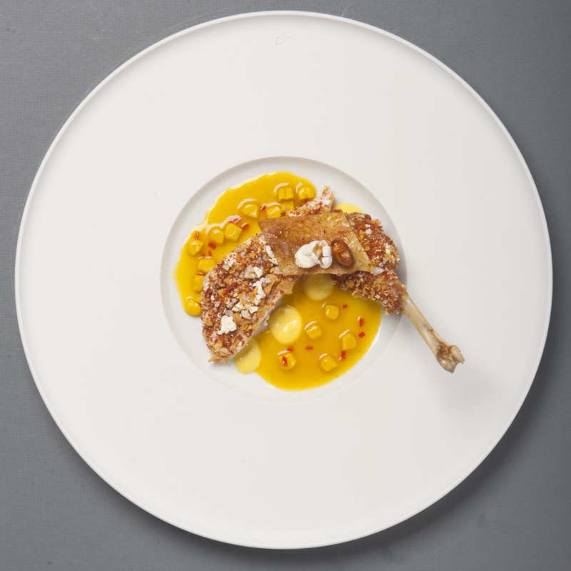 Entenkeule auf Soße mit Maiskörnern, elegant auf weißem Porzellanteller serviert. Fürstenberg Porzellan.