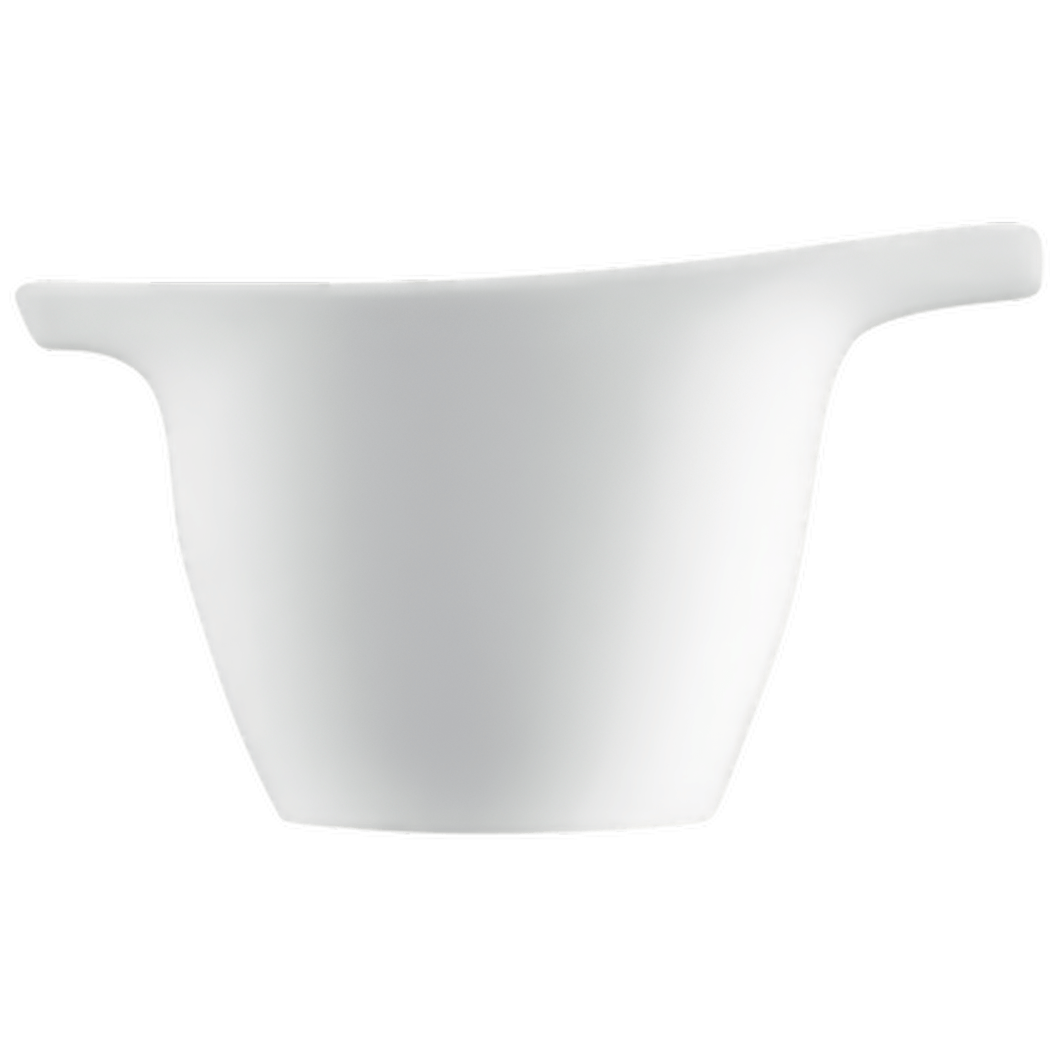 Weiße, minimalistische Porzellanschale mit seitlichem Griff auf schwarzem Hintergrund. Fürstenberg Porzellan.