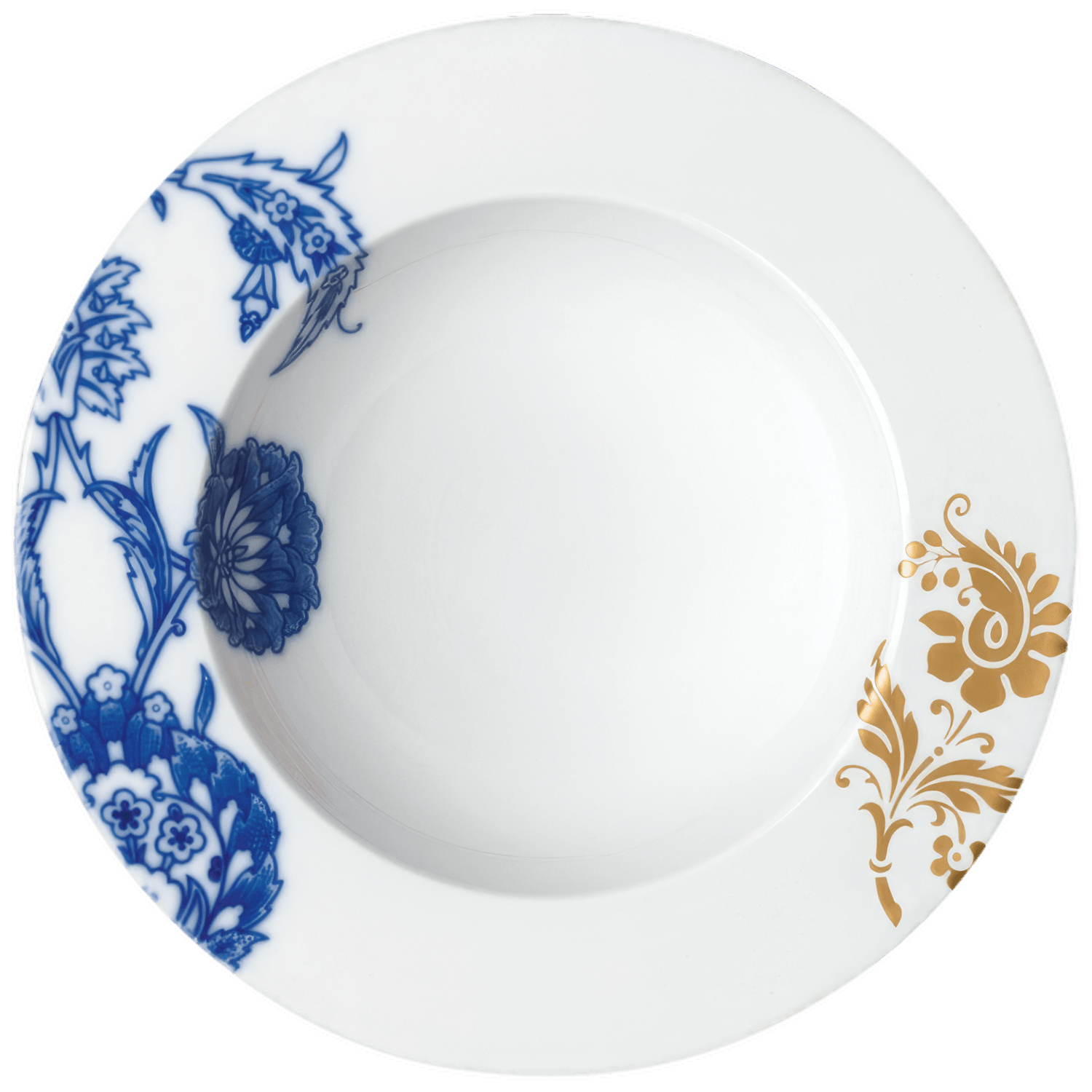 Tiefer weißer Teller mit blauen und goldenen floralen Mustern, elegant gestaltet. Fürstenberg Porzellan.