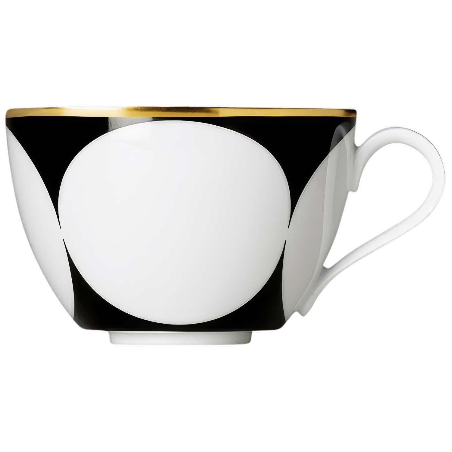Weiße Tasse mit schwarzem geometrischem Muster und goldener Randverzierung. Fürstenberg Porzellan.