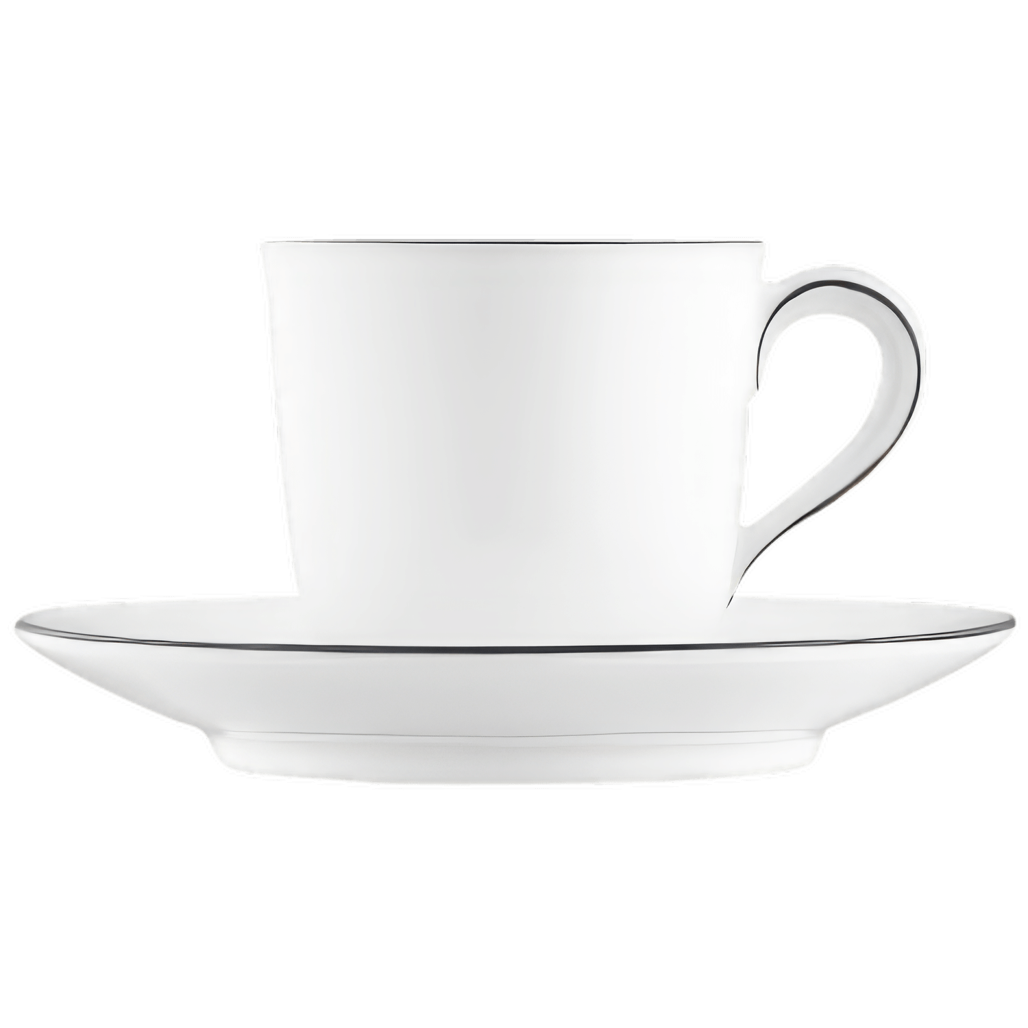 Weiße Porzellantasse mit Untertasse, ruhend auf einer weißen Fläche. Fürstenberg Porzellan.