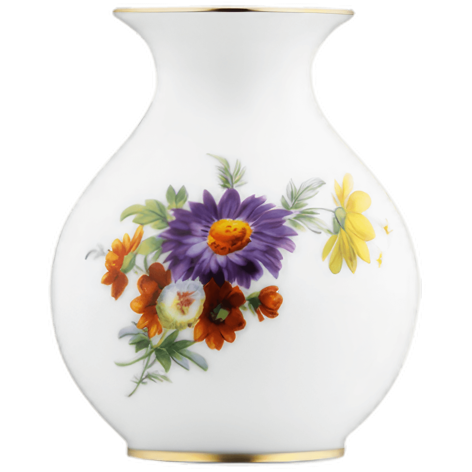 Weiße Porzellanvase mit buntem Blumendekor und goldenen Rändern, Tischdekoration. Fürstenberg Porzellan.