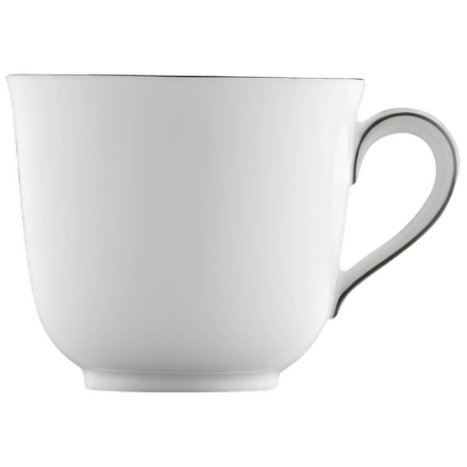 Weiße Tasse mit Henkel steht auf weißem Hintergrund. Fürstenberg Porzellan.