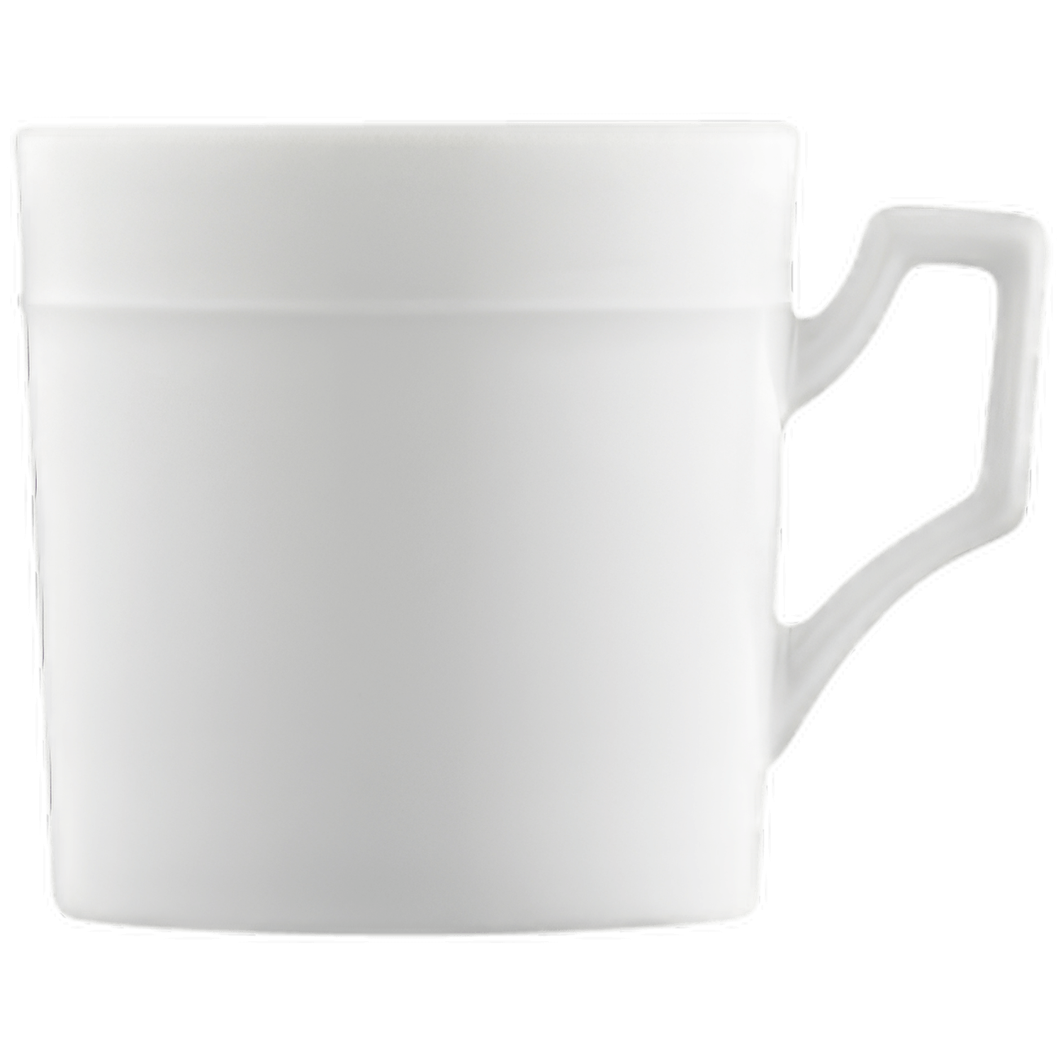 Weiße Tasse mit geometrischem Henkel, steht isoliert auf schwarzem Hintergrund. Fürstenberg Porzellan.