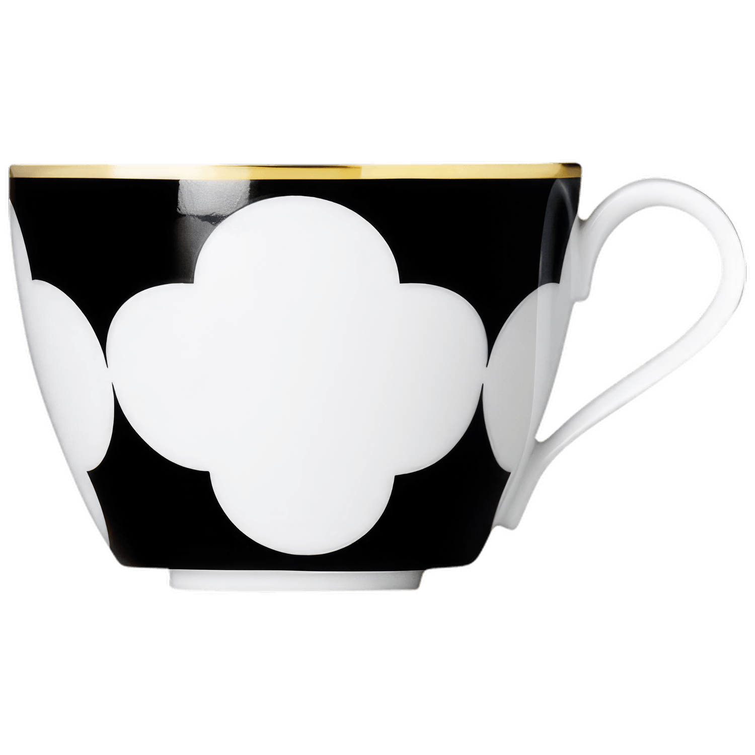 Tasse mit weißem Muster auf schwarzem Hintergrund, goldener Rand, Henkel rechts. Fürstenberg Porzellan.