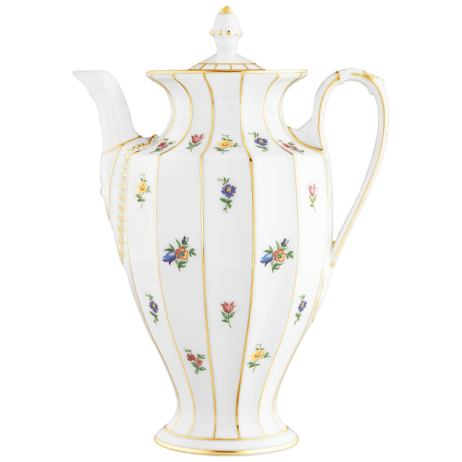 Weiße Porzellankanne mit goldenen Linien und bunten Blumendekoren, elegant gestaltet. Fürstenberg Porzellan.