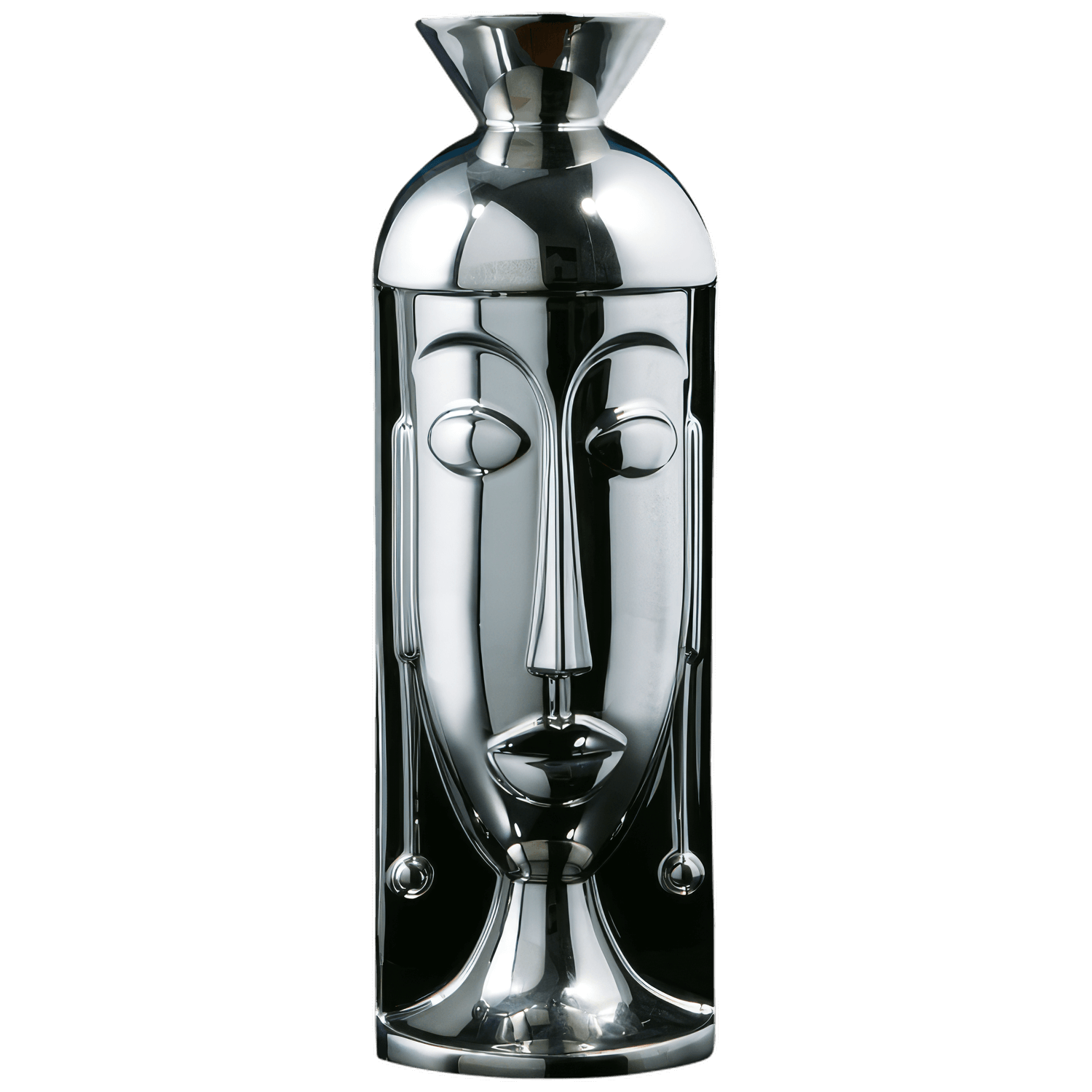 Silberne Vase, stilisiertes Gesicht, modern, glänzend, auf dunklem Hintergrund. Fürstenberg Porzellan.