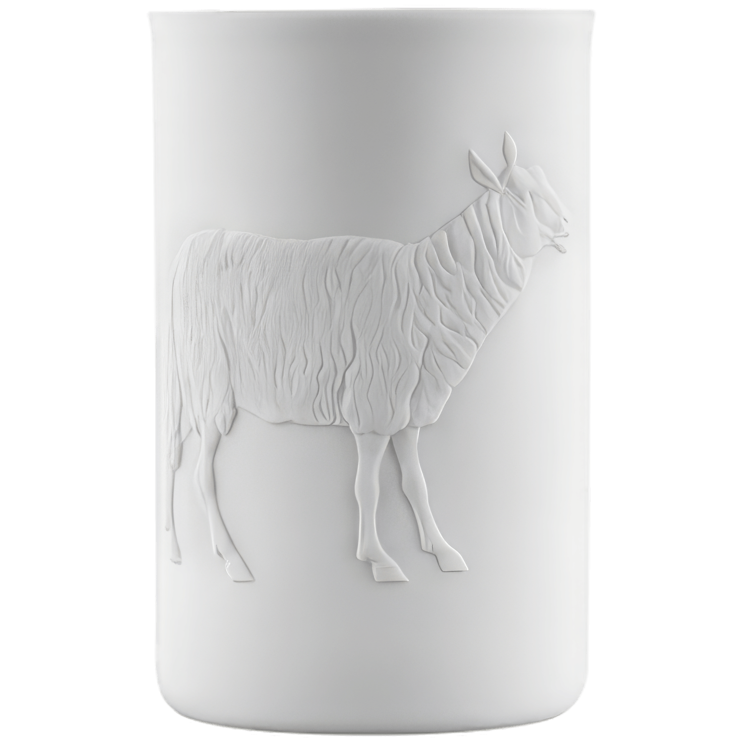 Weiße Porzellanvase mit geprägtem Schafmotiv, keine weitere Dekoration. Fürstenberg Porzellan.