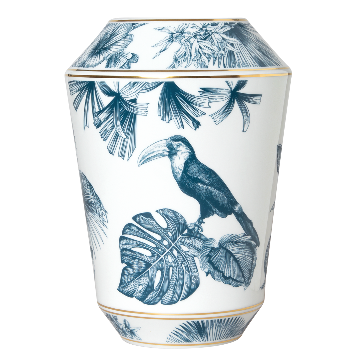 Vase mit Tukan- und Pflanzenmotiven, fein gezeichnetes Dekor, blau-weiß. Fürstenberg Porzellan.