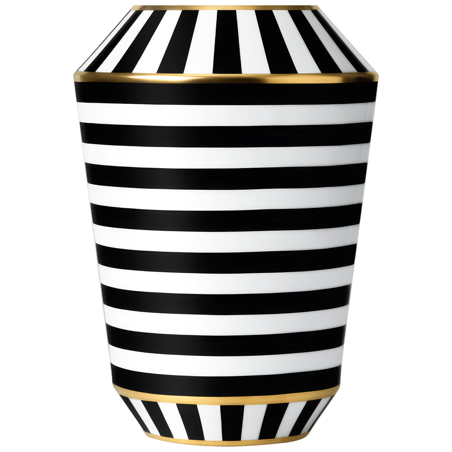Vase mit schwarz-weißen Streifen und goldenen Rändern, ohne Text. Fürstenberg Porzellan.