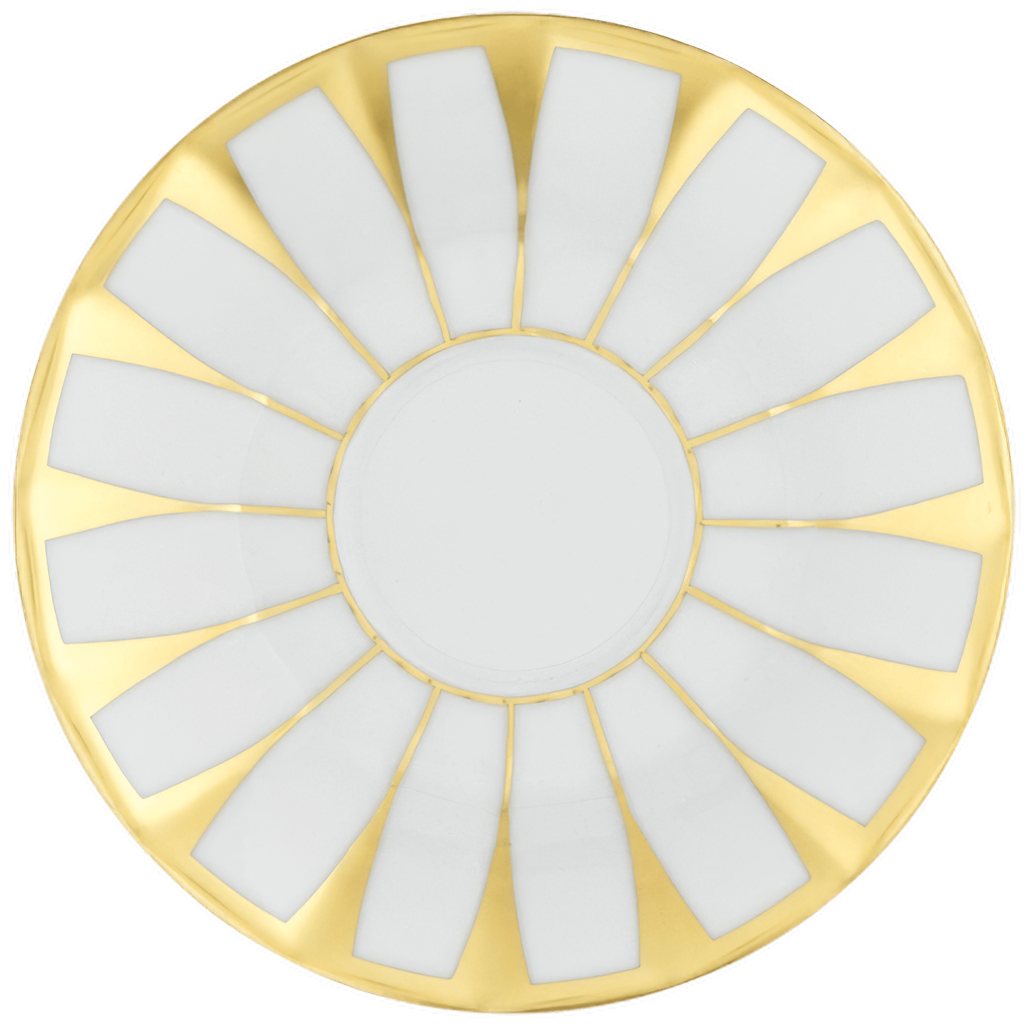 Goldbemusterter Porzellanteller mit strahlenförmigem Design auf weißem Hintergrund. Fürstenberg Porzellan.