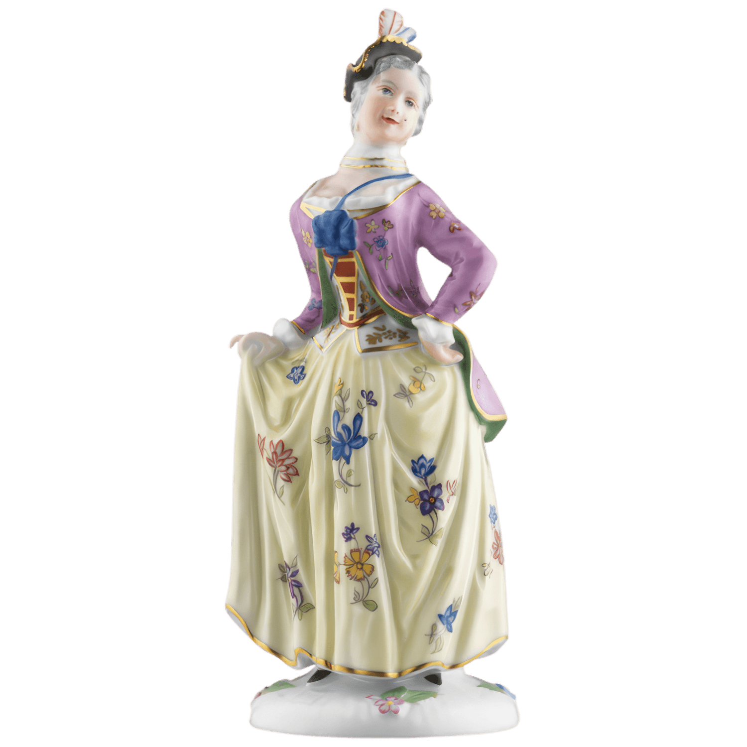Porzellanfigur einer Frau, posierend mit floralem Kleid und violettem Oberteil. Fürstenberg Porzellan.