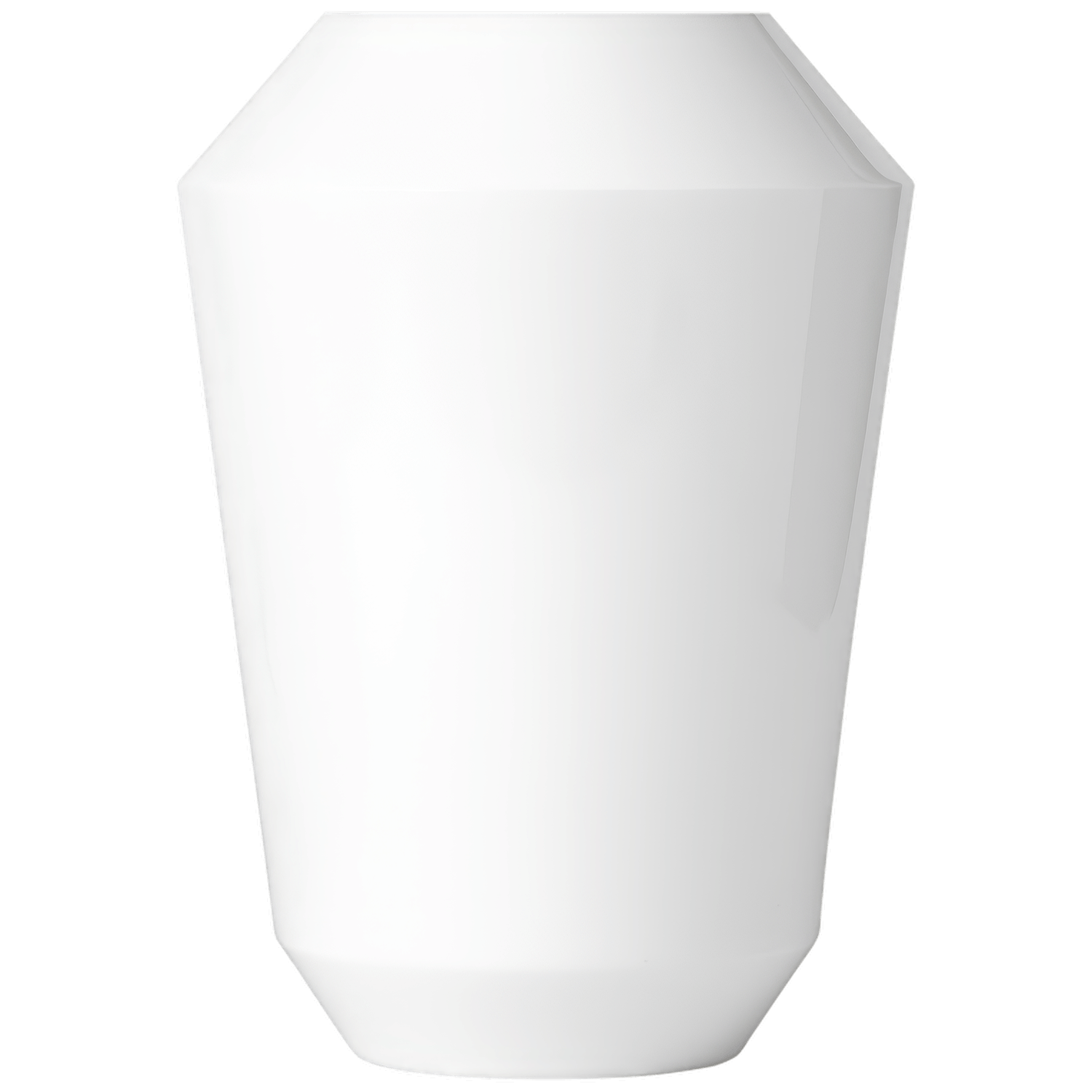 Weiße, sechseckige Vase in minimalistischem Design, steht aufrecht. Fürstenberg Porzellan.