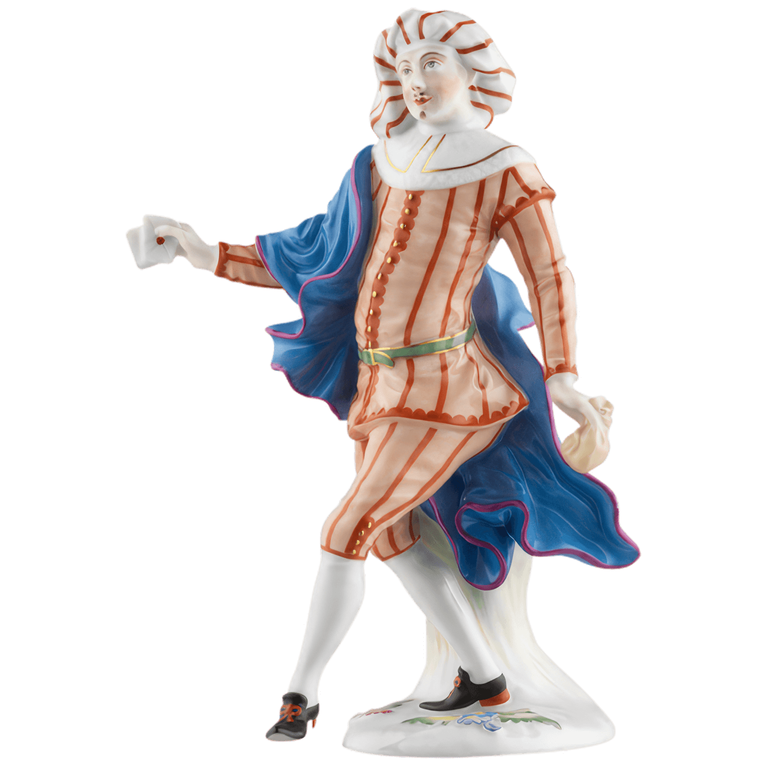 Porzellanfigur in bunter Kleidung, schreitend, mit blauer Drapierung. Fürstenberg Porzellan.