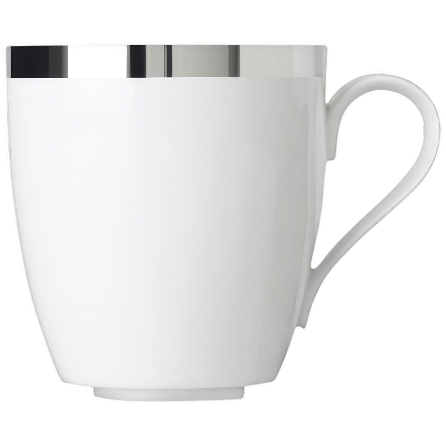 Weiße Tasse mit glänzendem Silberrand steht auf schwarzem Hintergrund. Fürstenberg Porzellan.