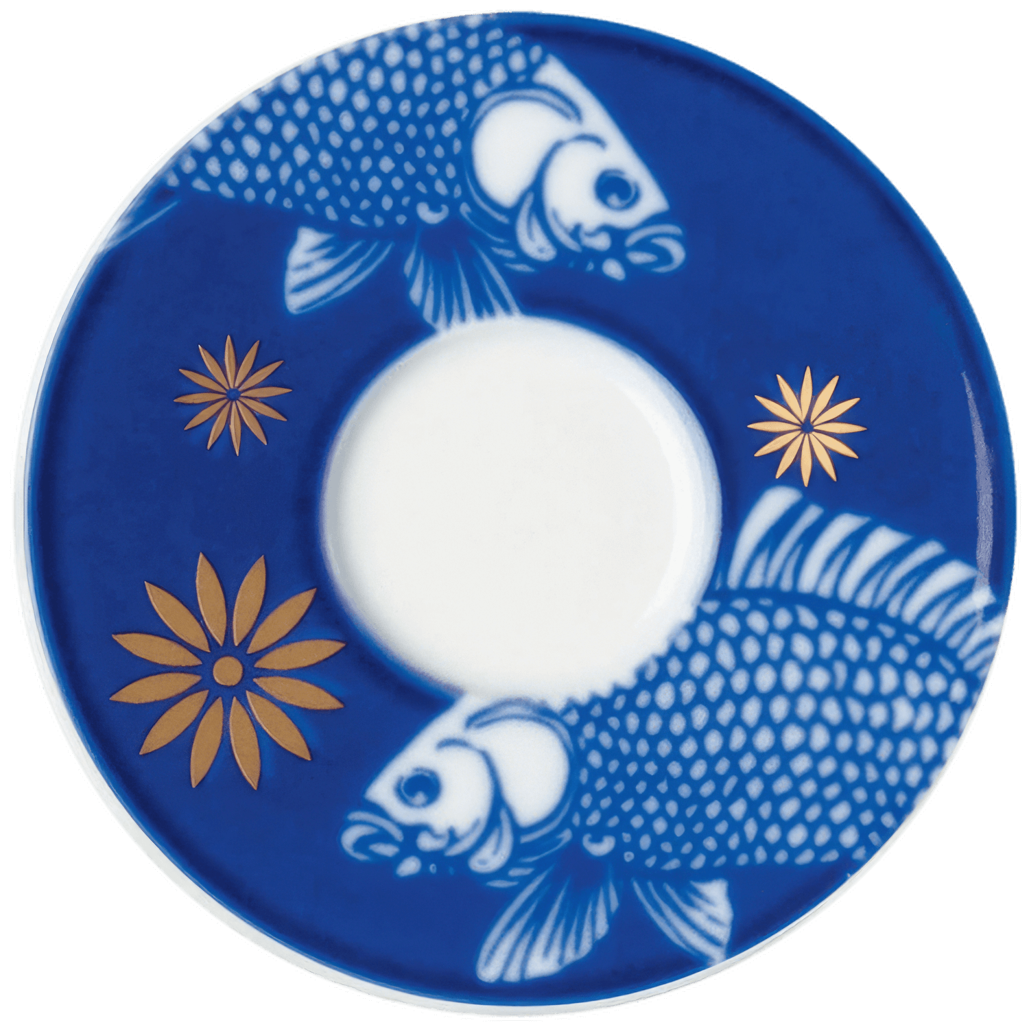 Blaue Untertasse mit weißem Fisch- und goldenen Blumenmotiven, elegant gestaltet. Fürstenberg Porzellan.