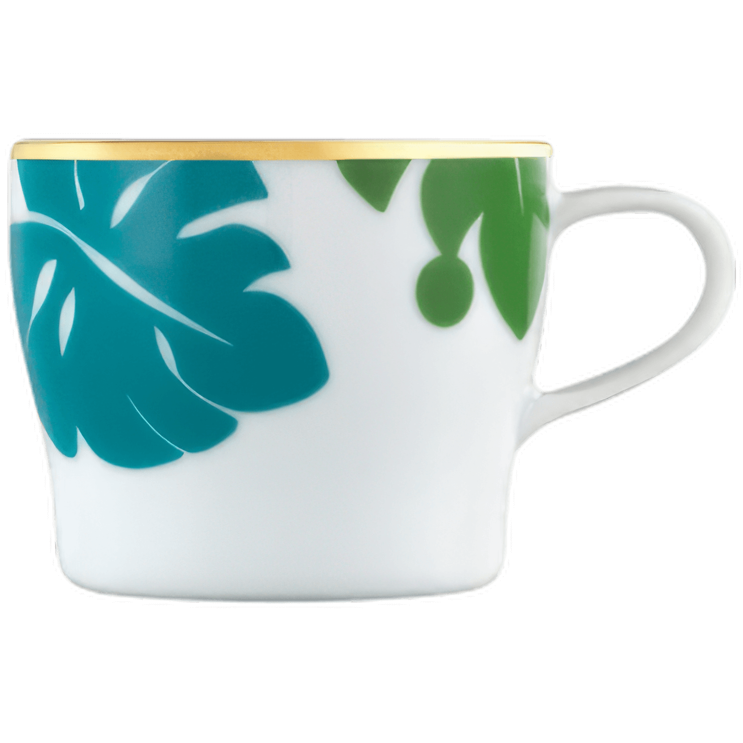 Weiße Espressotasse mit grünen und blauen Blättern, goldener Rand. Fürstenberg Porzellan.