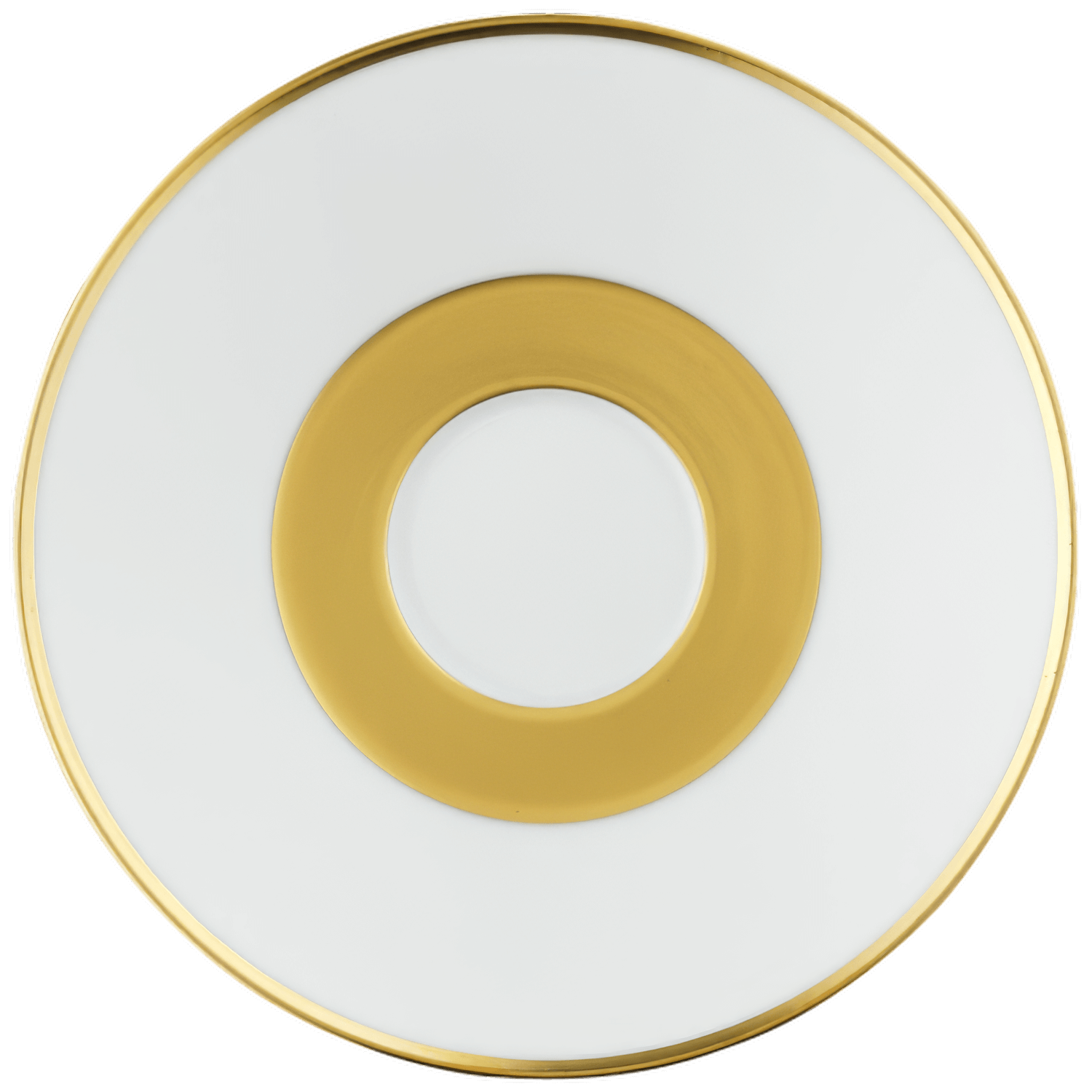 Weiße Untertasse mit breitem goldenen Ringdesign und Goldrandverzierung. Fürstenberg Porzellan.