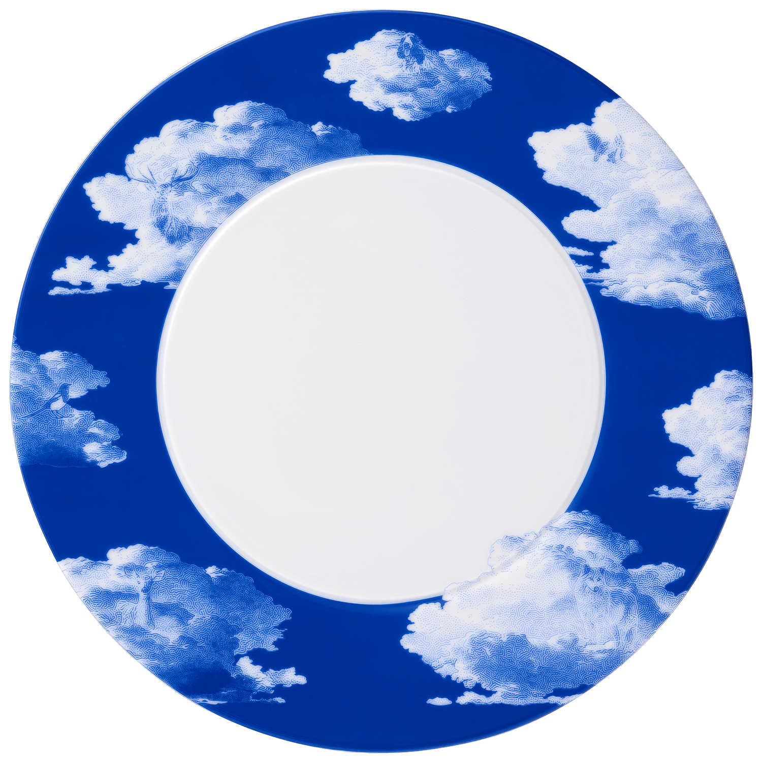 Blauer Teller mit weißen Wolkenmuster, zentrale Fläche weiß. Fürstenberg Porzellan.
