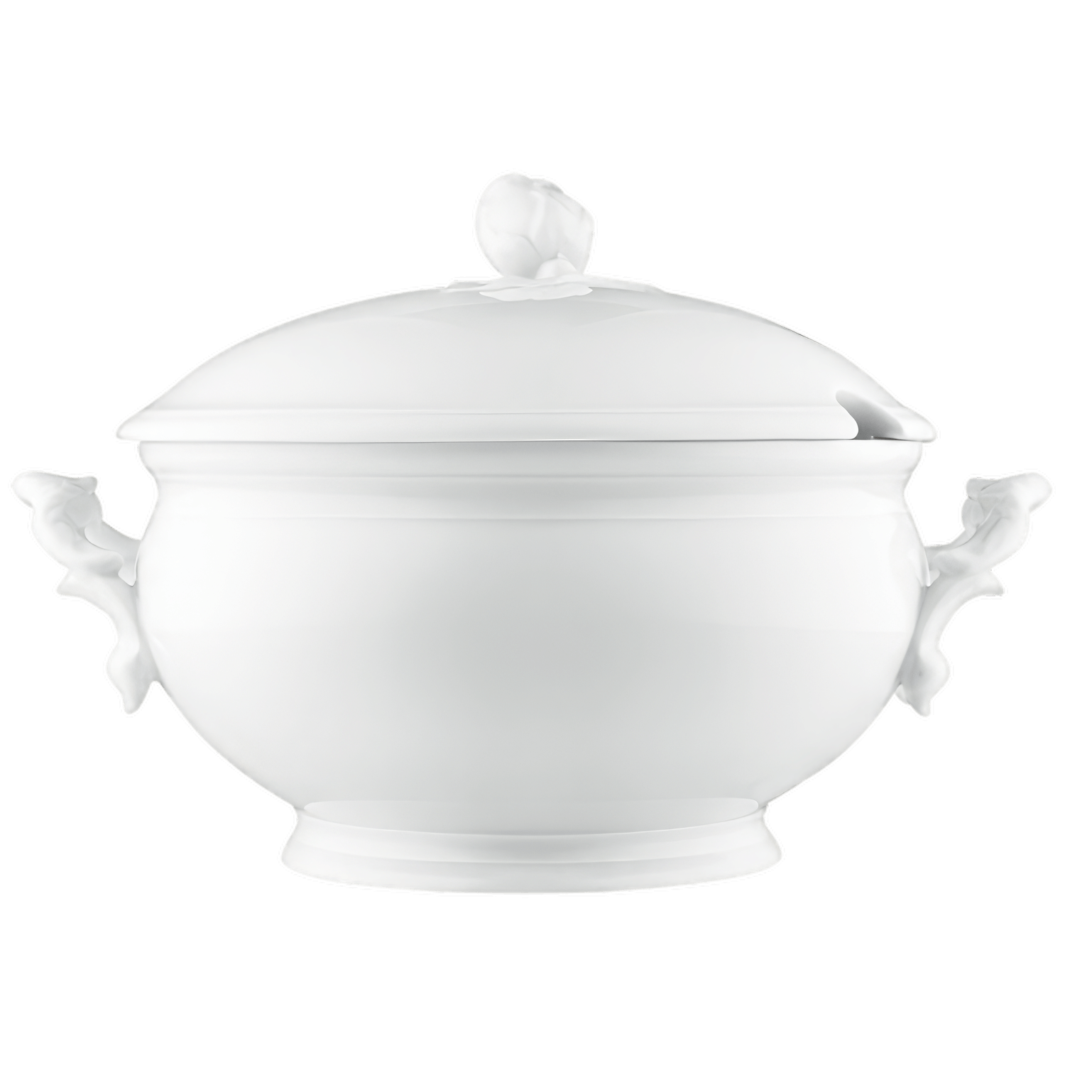 Weiße Porzellansuppe mit Deckel und dekorativen Griffen. Fürstenberg Porzellan.
