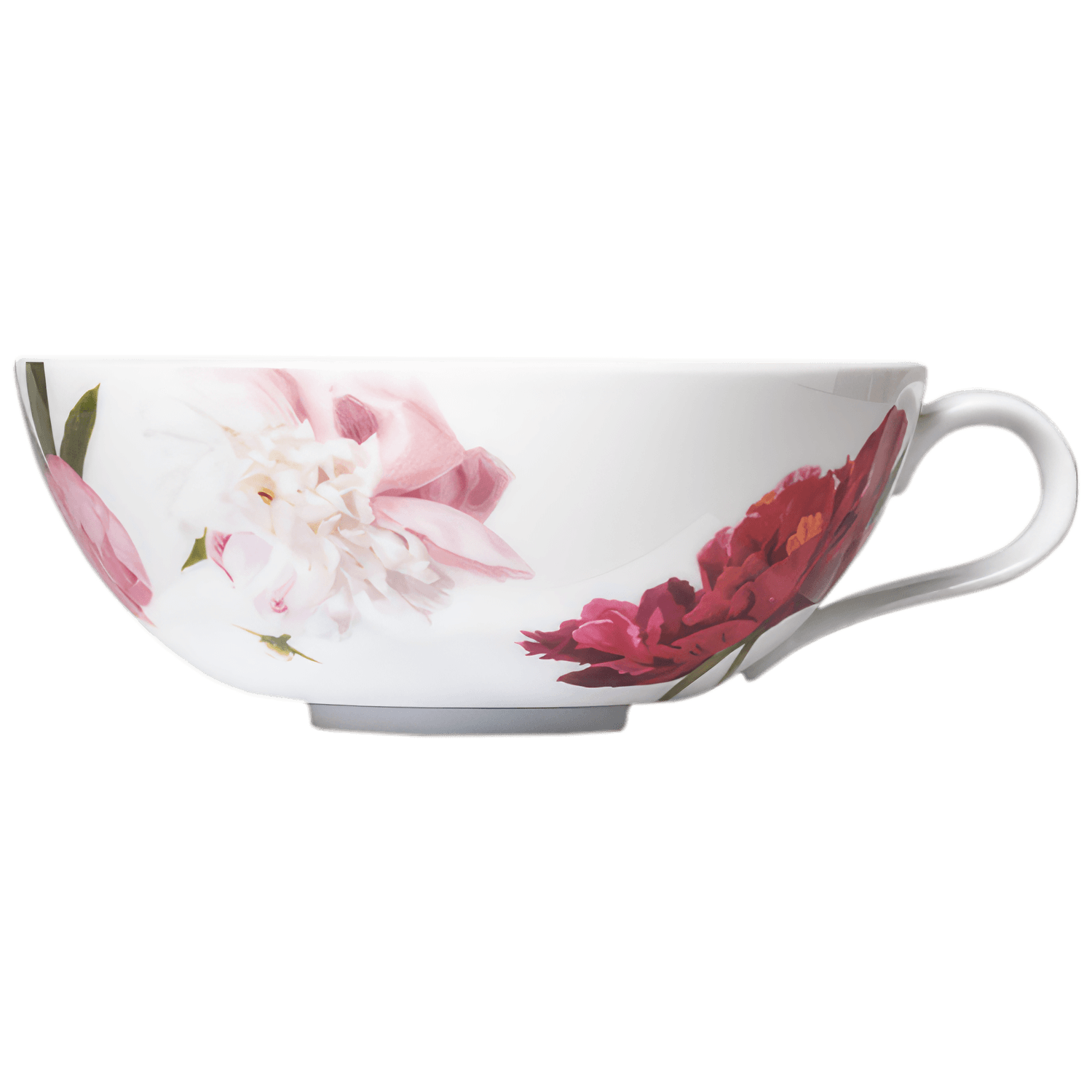 Porzellantasse mit rosa Blumenmuster, steht aufrecht. Fürstenberg Porzellan.