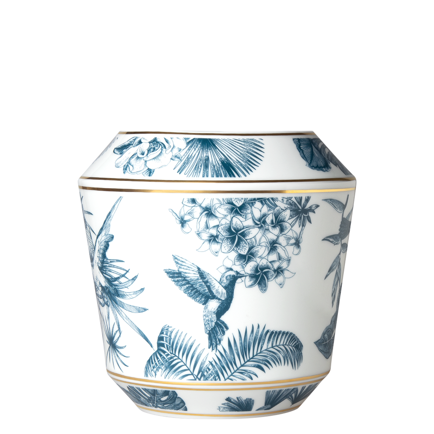 Porzellanvase zeigt Vogel-Motiv im Flug mit Blumen, goldene Akzente. Fürstenberg Porzellan.