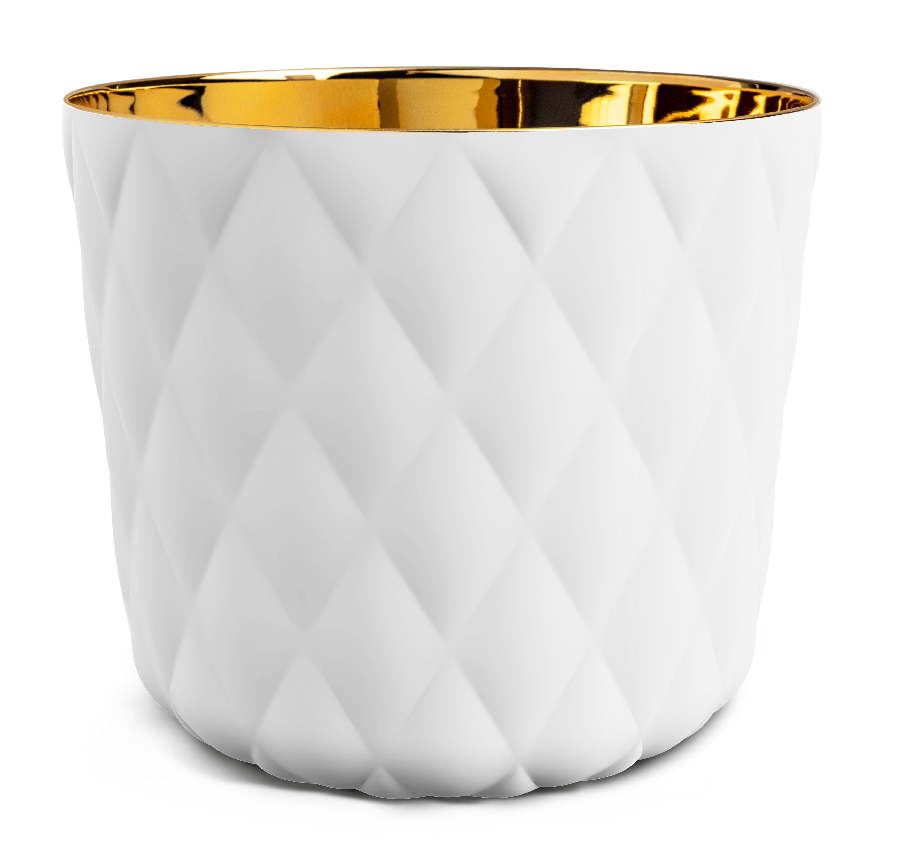 Weiße Porzellanvase mit goldener Innenverkleidung, gefaltetem Oberflächenmuster. Fürstenberg Porzellan.