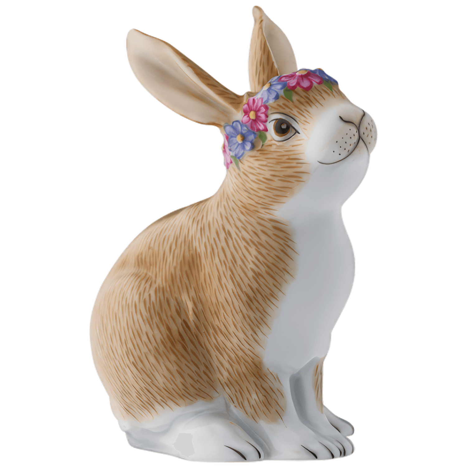 Porzellanfigur Hase trägt bunten Blumenkranz auf dem Kopf. Fürstenberg Porzellan.