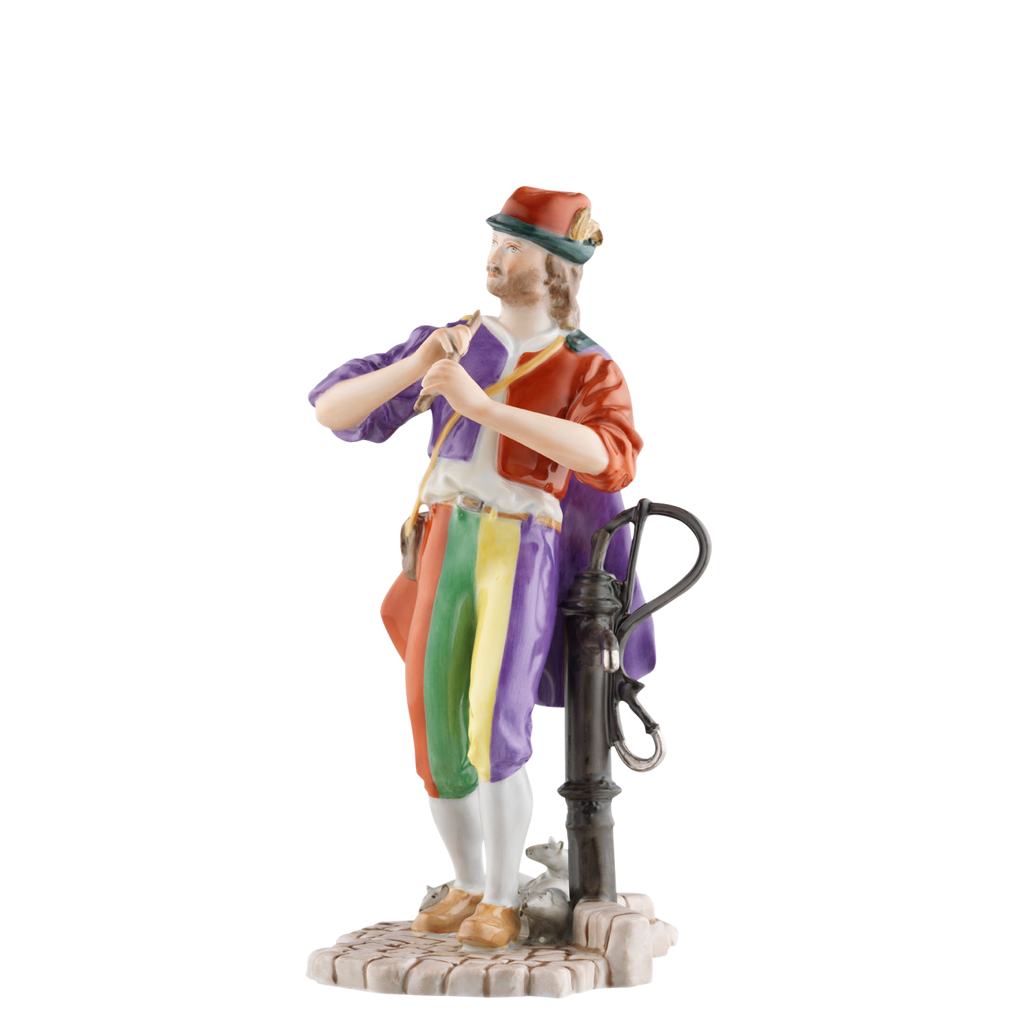 Porzellanfigur eines Harlekins, der Pfeife spielt, auf gepflastertem Sockel stehend. Fürstenberg Porzellan.