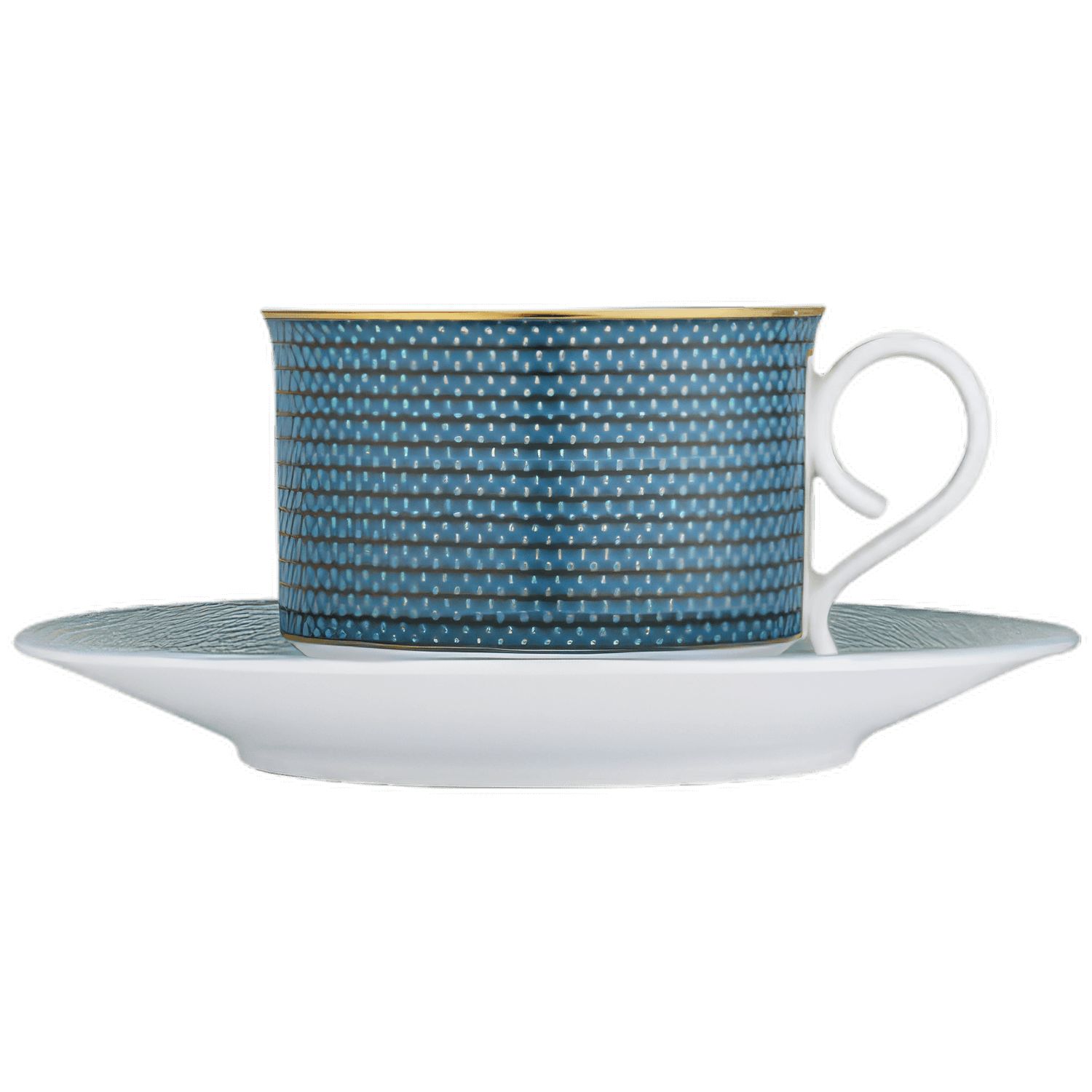 Tasse mit Henkel, steht auf Untertasse, blaues geflochtenes Muster. Fürstenberg Porzellan.