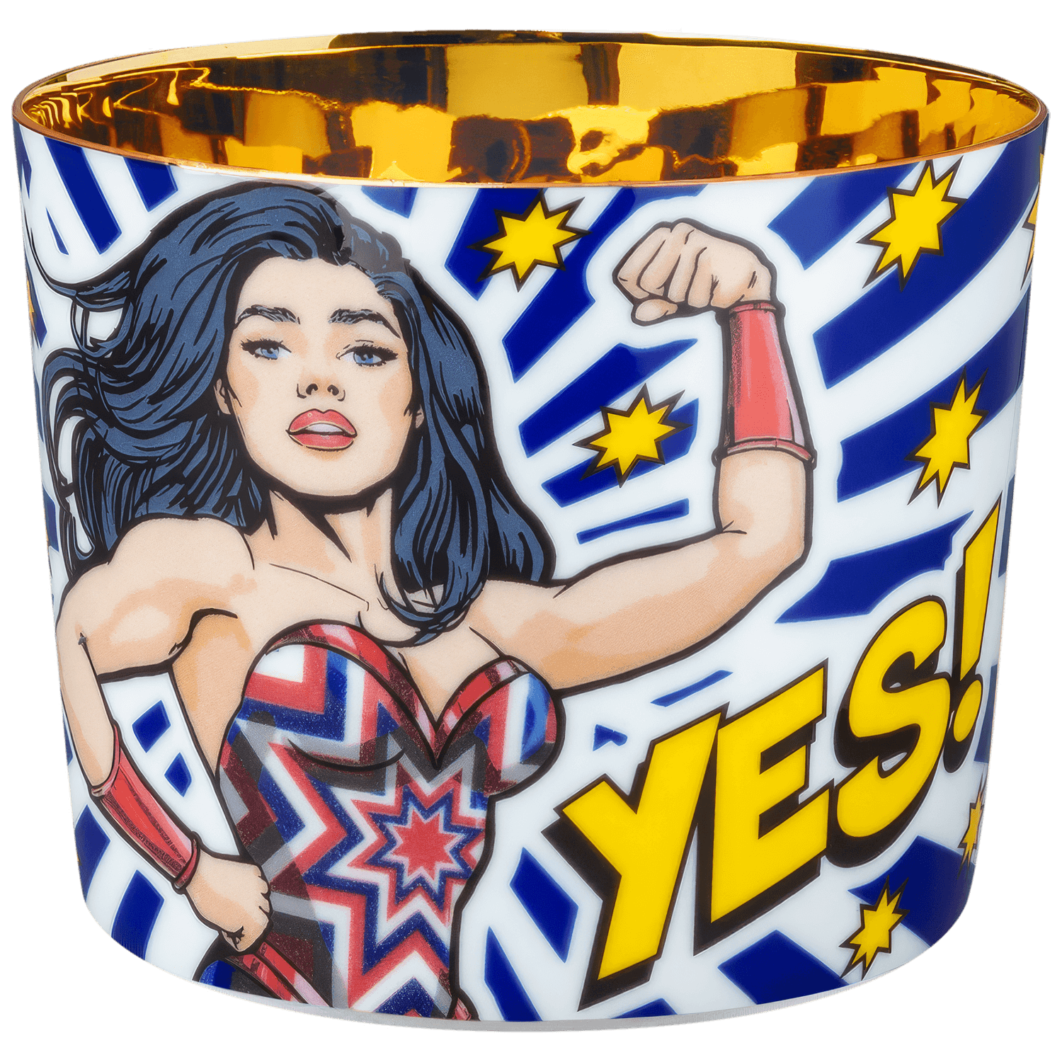 Tasse mit Comic-Figur zeigt „YES!“ in gelber Schrift, goldene Innenseite. Fürstenberg Porzellan.