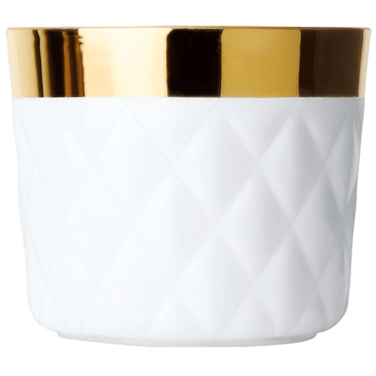 Weiße Tasse mit Diamantmuster, oben goldener Rand, vor neutralem Hintergrund. Fürstenberg Porzellan.